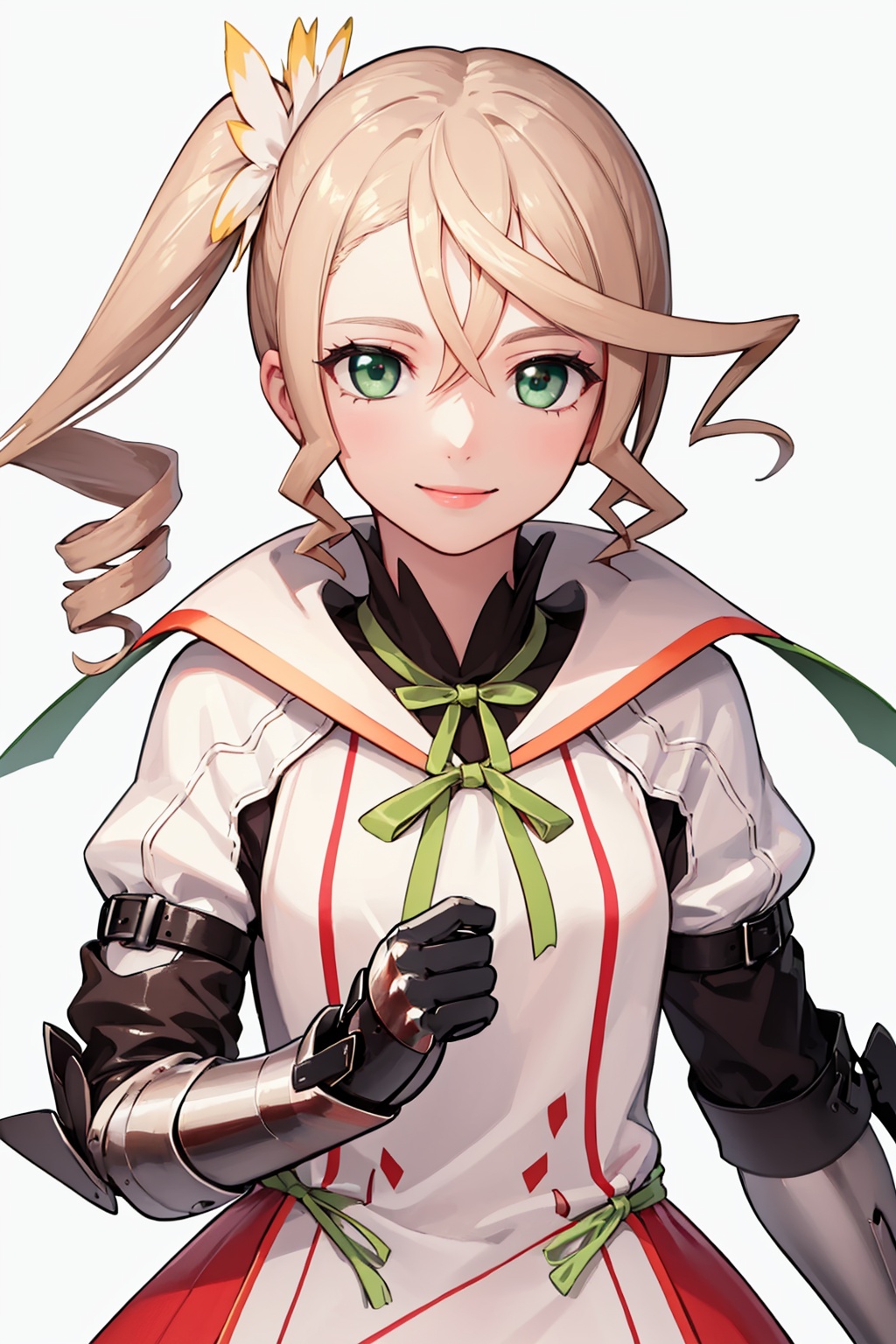 masterpiece,best quality, highly detailed, alisha diphda,1girl, solo, smile, side ponytail, white background, armor, green ribbon, neck ribbon, gloves, looking at viewer, gauntlets, simple background, standing,<lora:alisha_diphda:1>