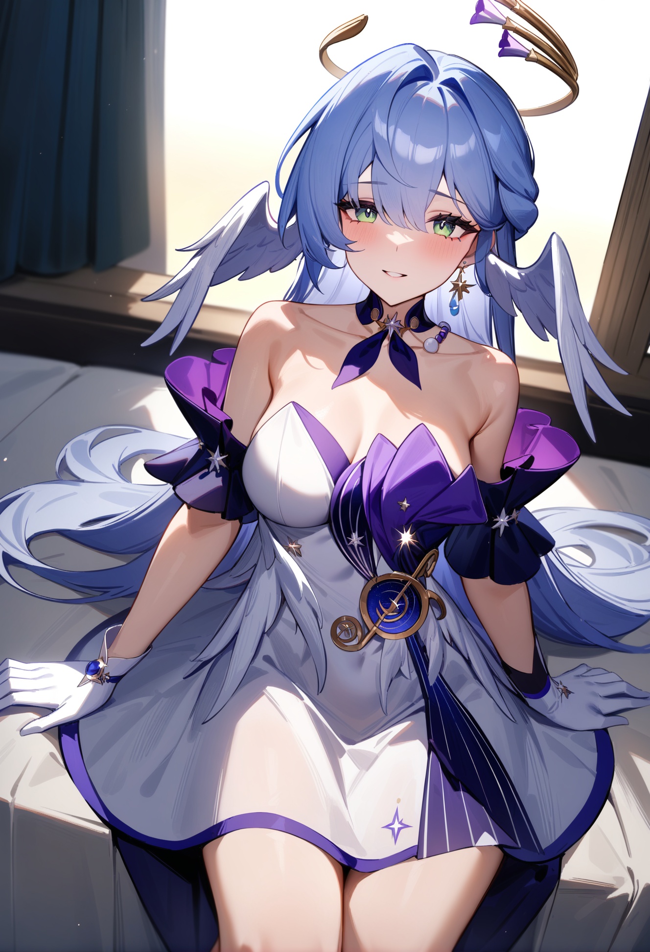 <lora:知更鸟a31:1>,a girl named robin,robin,1girl,strapless dress,bare shoulders,white gloves,halo,head wings,earrings,jewelry,, masterpiece, best quality, very aesthetic, absurdres