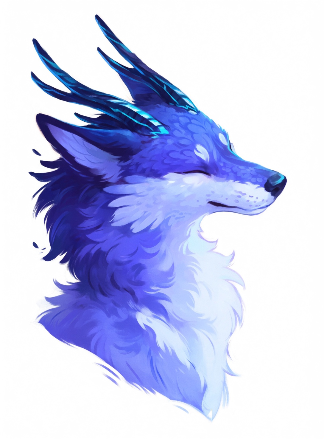 @himmis,  Extreme detail of a creature's face blending wolf features with dragon-like horns and feathered ears,  eyes clos...