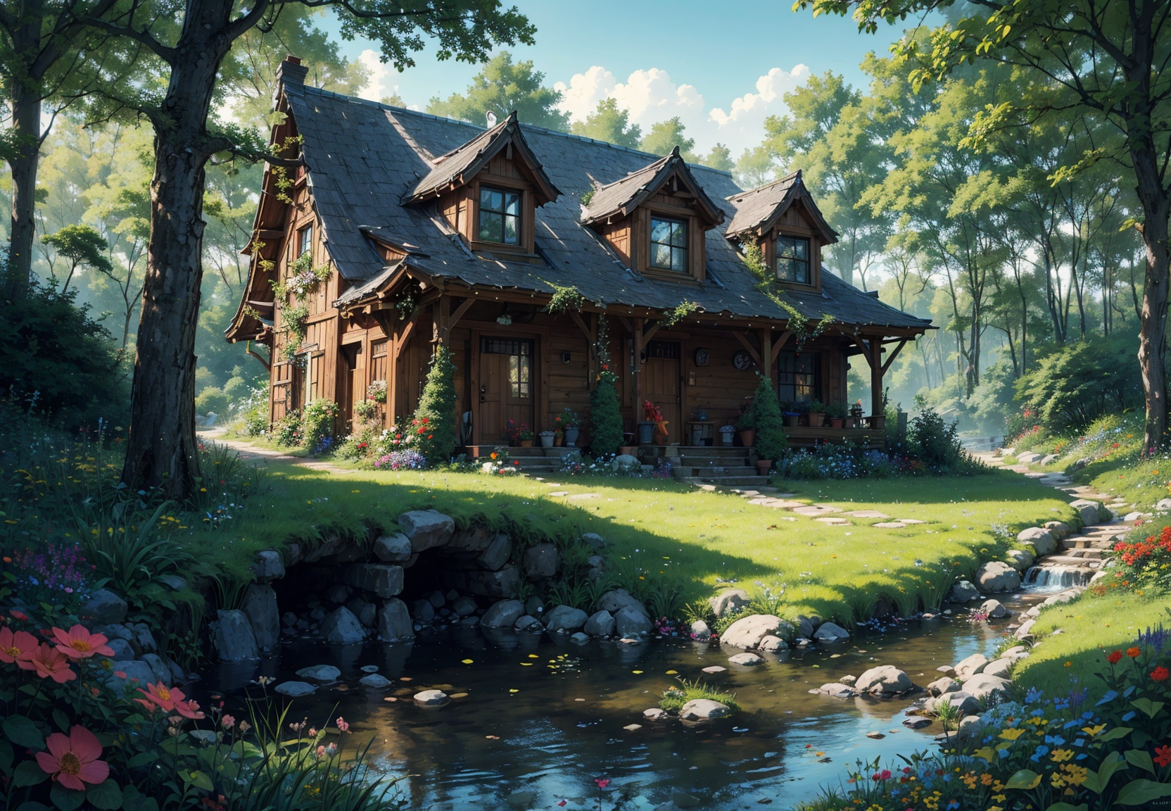 A witch's house stands by a stream in the forest and a green witch tends the plants and trees in the garden. She has a bea...