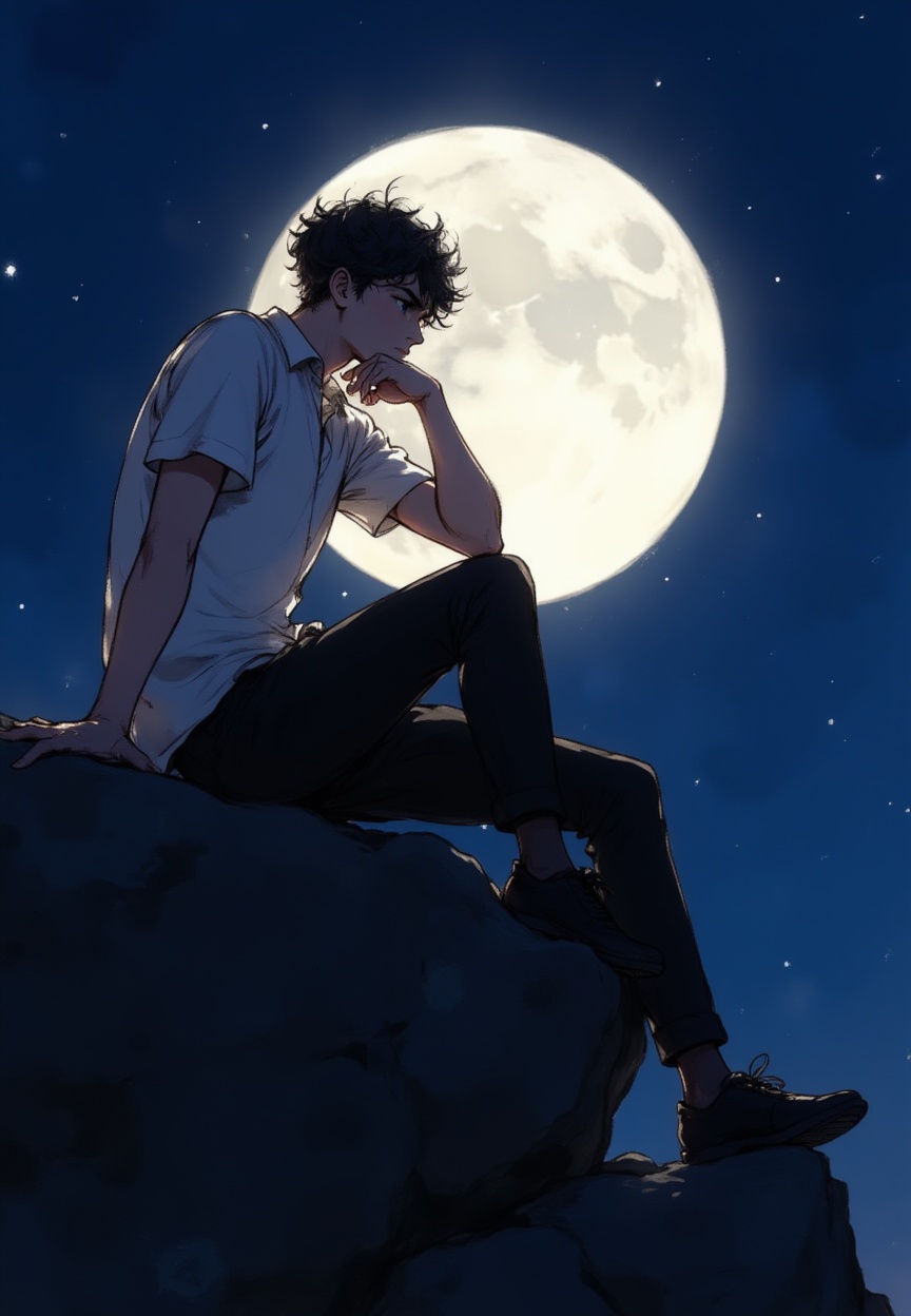 1boy, male focus, solo, moon, shirt, sitting, white shirt, black pants, pants, rock, full moon, sky, short hair, black hair, night, sitting on rock, outdoors, dark-skinned male, dark skin, night sky, short sleeves,<lora:手工绘画风(1):1>,