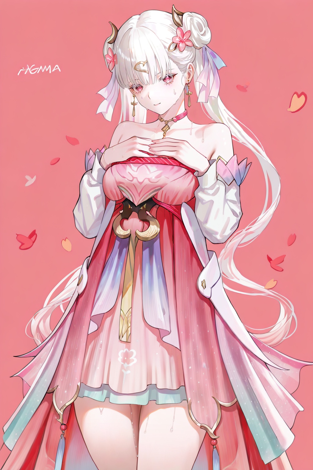 masterpiece,best quality,((artist:reoen),(artist:fuzichoco),(artist:atdan),(artist:torino_aqua:0.5),year 2024:0.5),(artist:omone_hokoma_agm:0.8),<lora:jijia-gnoobv-Tanger-000014:0.7>,<lora:jxnew-noob-Tanger-000014:0.8>,jinhsi,jinhsi \(peach blossom\) \(wuthering waves\),(clothes:peach blossom pink dress,alternate costume,bare shoulders:1.3),flower-shaped pupils,1girl,hair ornament,hair jijia,2d,anime,1girl,breasts,solo,looking at viewer,bangs,large breasts,simple background,pink background,cowboy shot,hands on own chest,thighs,sweat,