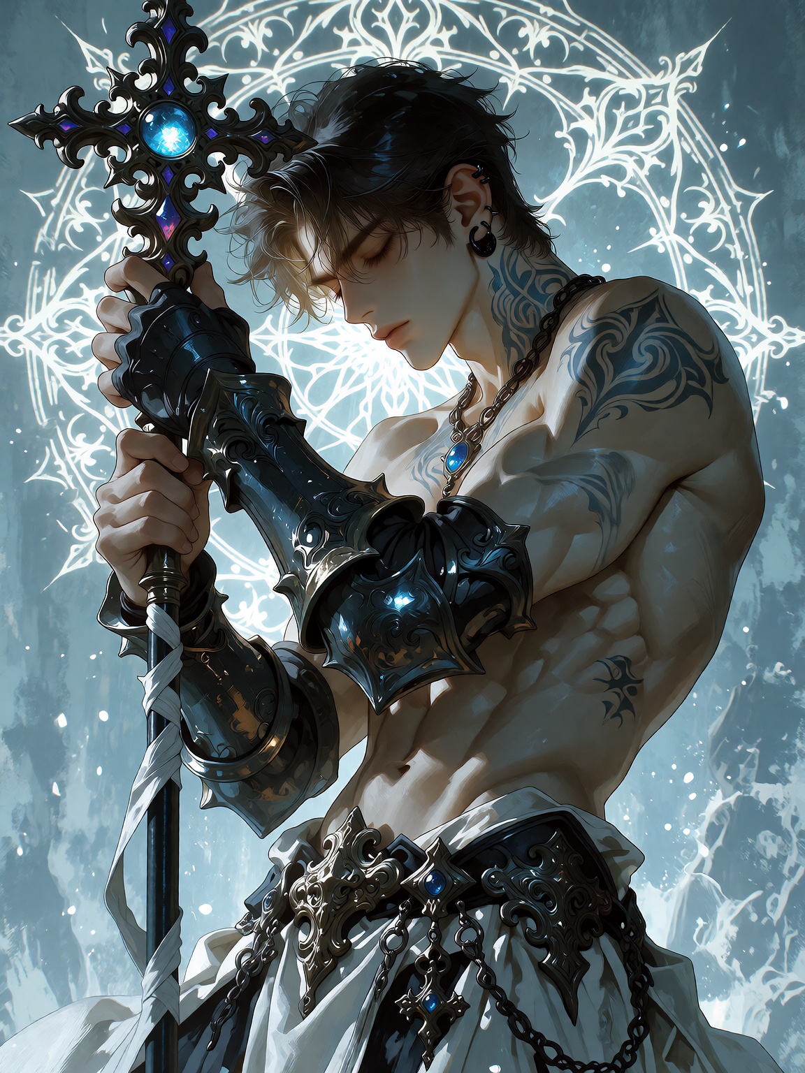 一张日系动漫厚涂风格的奇幻男性全身插画,  笔触厚重有力,  人体结构写实感强。构图采用竖幅近全身 on Tensor.Art