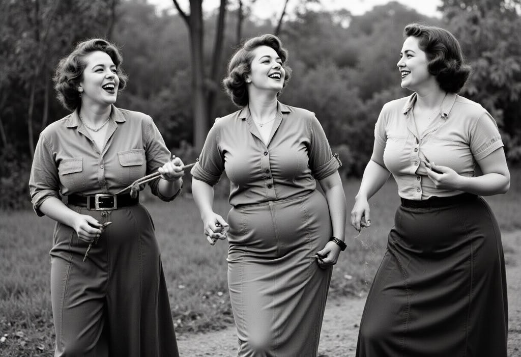 analog_feel,  black and white. Silent film still,  three white plump laughing women from the Second World War on Tensor.Art