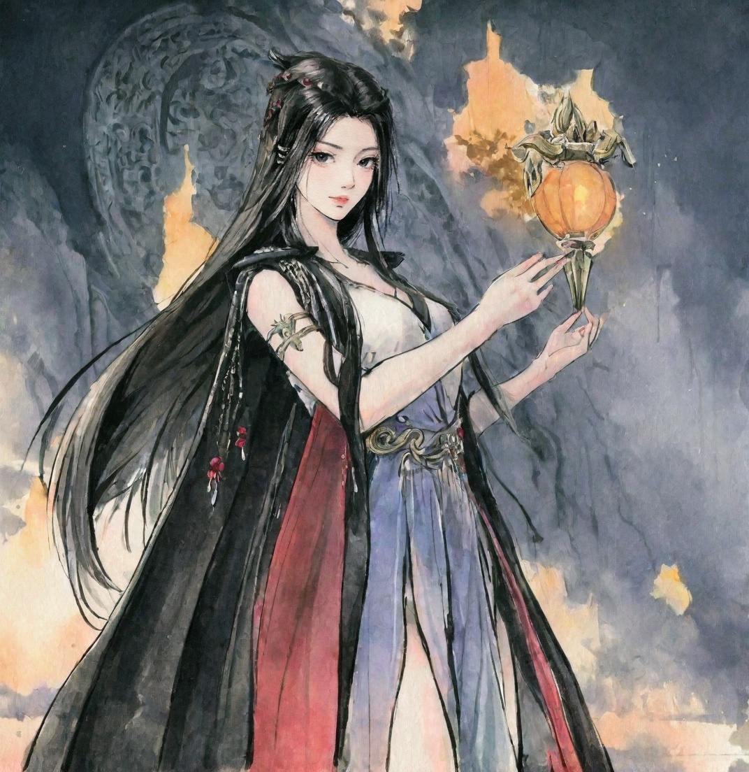 ((very awa)),solo,highly detailed,(best quality),((masterpiece)),1girl,chi,<lora:鸽正则nbXL:0.2>,ge,<lora:chi正则100nbXL:0.8>,traditional media,painting \(medium\),watercolor \(medium\),looking_at_viewer,<lora:元瑶nbXL:0.8>,yuanyao,long hair,hair ornament,cowboy_shot,