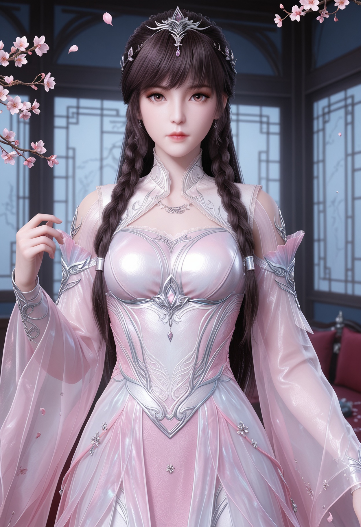 (upper_body:1.2),(looking at viewer:1.1),masterpiece,(best quality),smog,Dark room,dim lighting,peach blossom,falling petals,<lora:YQ_Illustrious光辉v5_小舞_神装1_V1:0.8>,q1528437228,1girl,solo,long hair,braid,dress,brown hair,hair ornament,white dress,jewelry,detached sleeves,pink dress,tiara,black hair,long sleeves,brown eyes,necklace,earrings,twin braids,pink eyes,collar,shoes,high heels,white footwear,