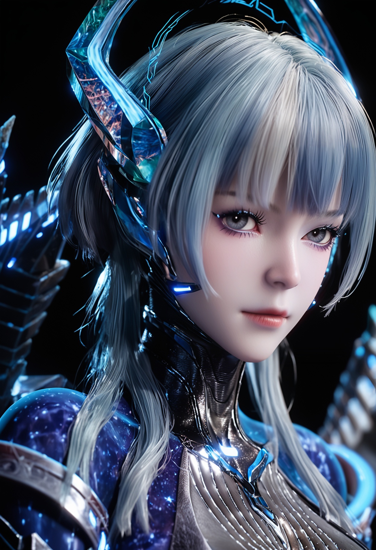 (upper_body:1.2),score_9,score_8_up,masterpiece,(best quality),intricate details,1girl,facing viewer,(looking at viewer:1.1),<lora:YQ_pony_babata2.0_V5:0.8>,q1528437228,1girl,solo,blue hair,horns,bodysuit,long hair,blue eyes,wings,blue skin,blunt bangs,tail,short hair,high heels,short hair with long locks,sidelocks,grey hair,black eyes,armor,headgear,white hair,multicolored hair,BREAKscore_9,score_8_up,masterpiece,(best quality),perfect anatomy,(hourglass),perfect face,(simple background,pure black background,black background:1.1),fair_skin,shiny_skin,Ivory_skin,