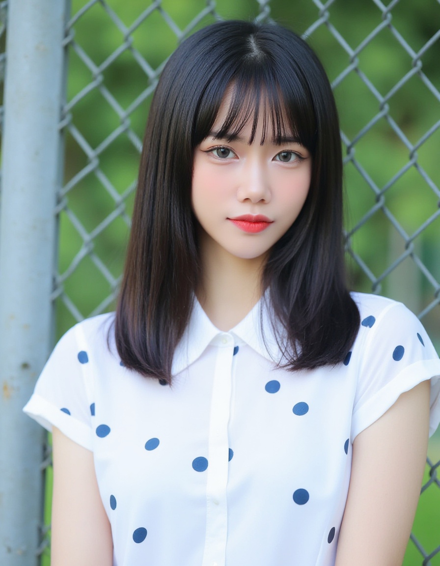 A photograph of a young East Asian woman with straight, long black hair and bangs, wearing a white short-sleeved shirt with blue and dark blue polka dots. She has fair skin, a slim build, and is standing in front of a metal chain-link fence, with greenery visible in the blurred background. Her expression is neutral, and she has a delicate, natural makeup look with red lipstick.