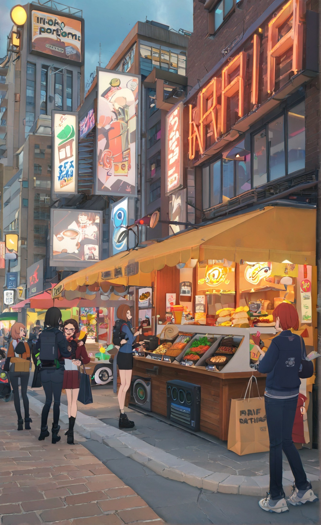 8k, best quality, masterpiece, (ultra-detailed), <lora:zzzstyle-artiwaifu-Tanger-000011:0.7>, zzz style, Crowded streets. Neon lights. Shops lined up. Billboards towering. Vendors shouting. Traffic bustling. Coffee aroma. Music drifting. Window displays. Pedestrians weaving. Traffic lights blinking. Street performers. Noisy chatter. Street food. Shopping bags full. Busy rhythm., 