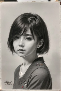 ((HRD, HUD, 8K)),((masterpiece, best quality)), highly detailed, photo_\(medium\),1girl, solo, short hair, school uniform, Sketch,monochrome, greyscale, traditional media, signature, graphite (medium), simple background, upper body, looking at viewer,  <lora:20240218-1708224875184:0.9>