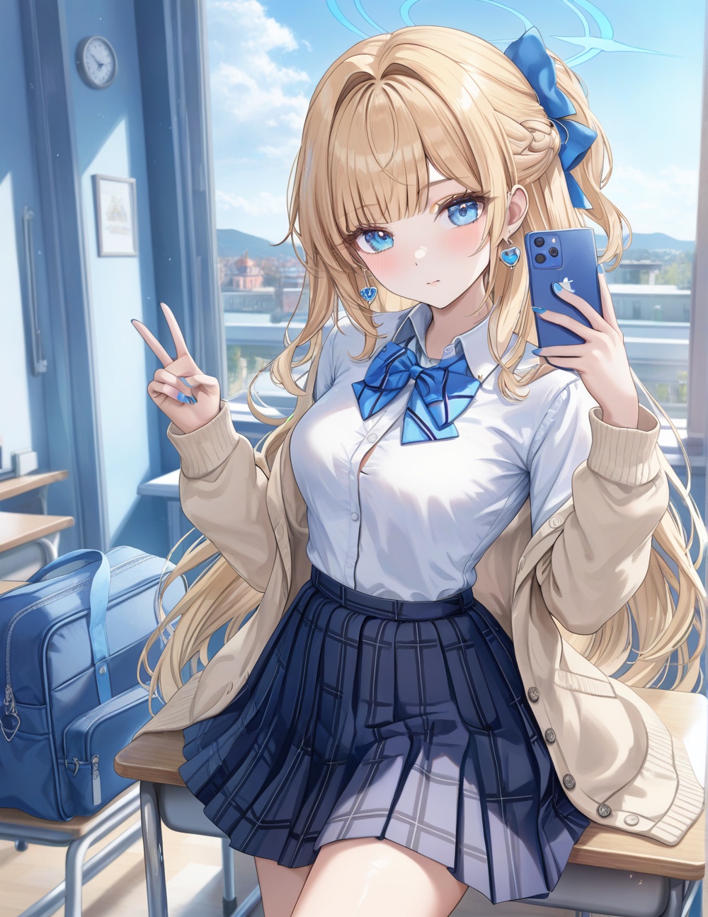 0,jw,Torino,Noyu,1girl, solo, skirt, shirt, bow, blue eyes, long hair, phone, holding, indoors, white shirt, pleated skirt, blonde hair, collared shirt, halo, v, holding phone, blue bow, open clothes, heart, long sleeves, looking at viewer, cellphone, bangs, school uniform, very long hair, closed mouth, selfie, jacket, nail polish, open jacket, braid, breasts, blush, dress shirt, bowtie, blue nails, hair bow, blue skirt, desk, cardigan, black skirt, smartphone, blue bowtie, hair intakes, medium breasts, standing, shirt tucked in, classroom, jewelry, school desk, earrings, mirror, half updo, window, hands up,(UHD),anatomically correct,ccurate,textured skin,super detail,high details,award winning,best quality,high quality,retina,16k,HD,1080P,8k,