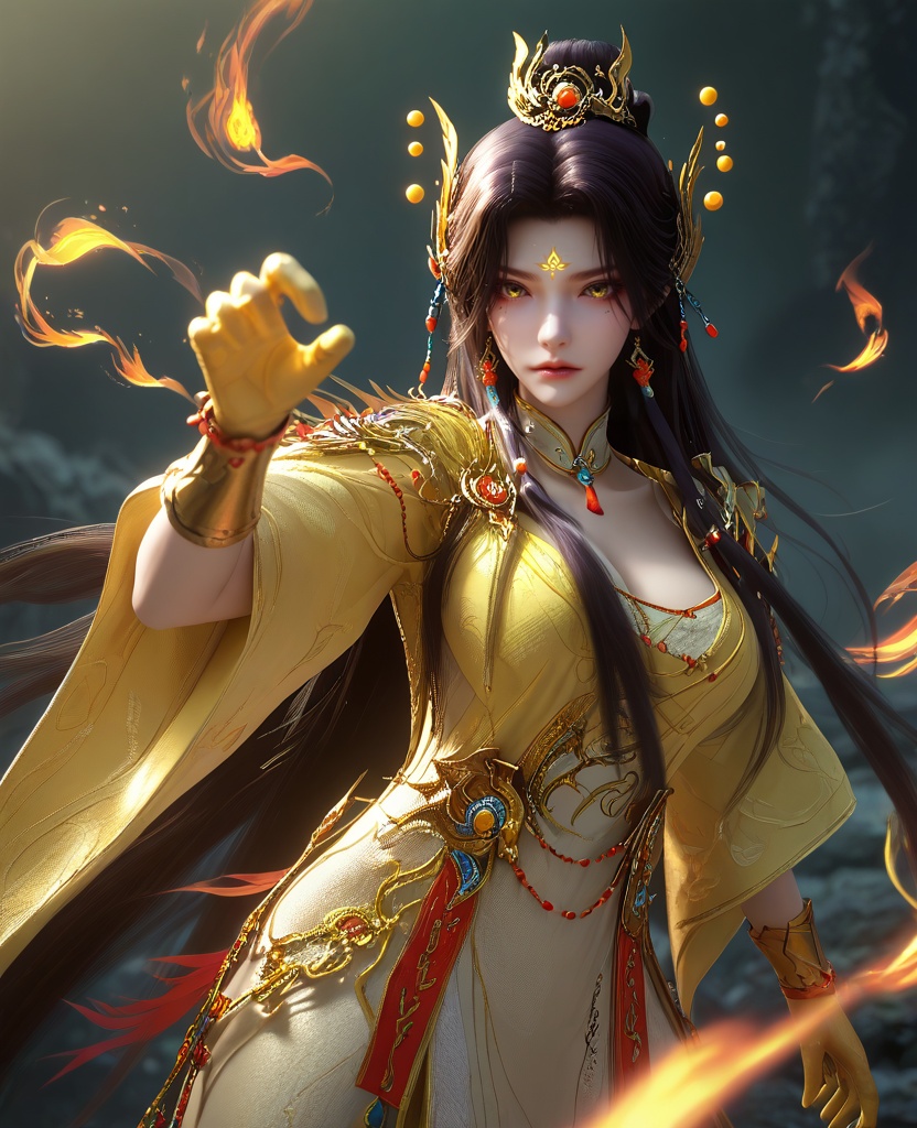 (fighting stance:1.1),(large breasts:1.2),<lora:XL16云深不知梦羲和众生愿:0.95>,miss xihe,white tiered dress,yellow shawl,yellow eyes,forehead mark,glowing facial mark,black hair,traditional chinese updo with long front strands,absurdly long hair,hair ornament,jewelry,yellow gloves,, score_9,score_8_up,score_7_up,score_6_up,score_5_up,score_4_up,3d rendering,tag1,tag2, Cinematic Lighting,backlighting,