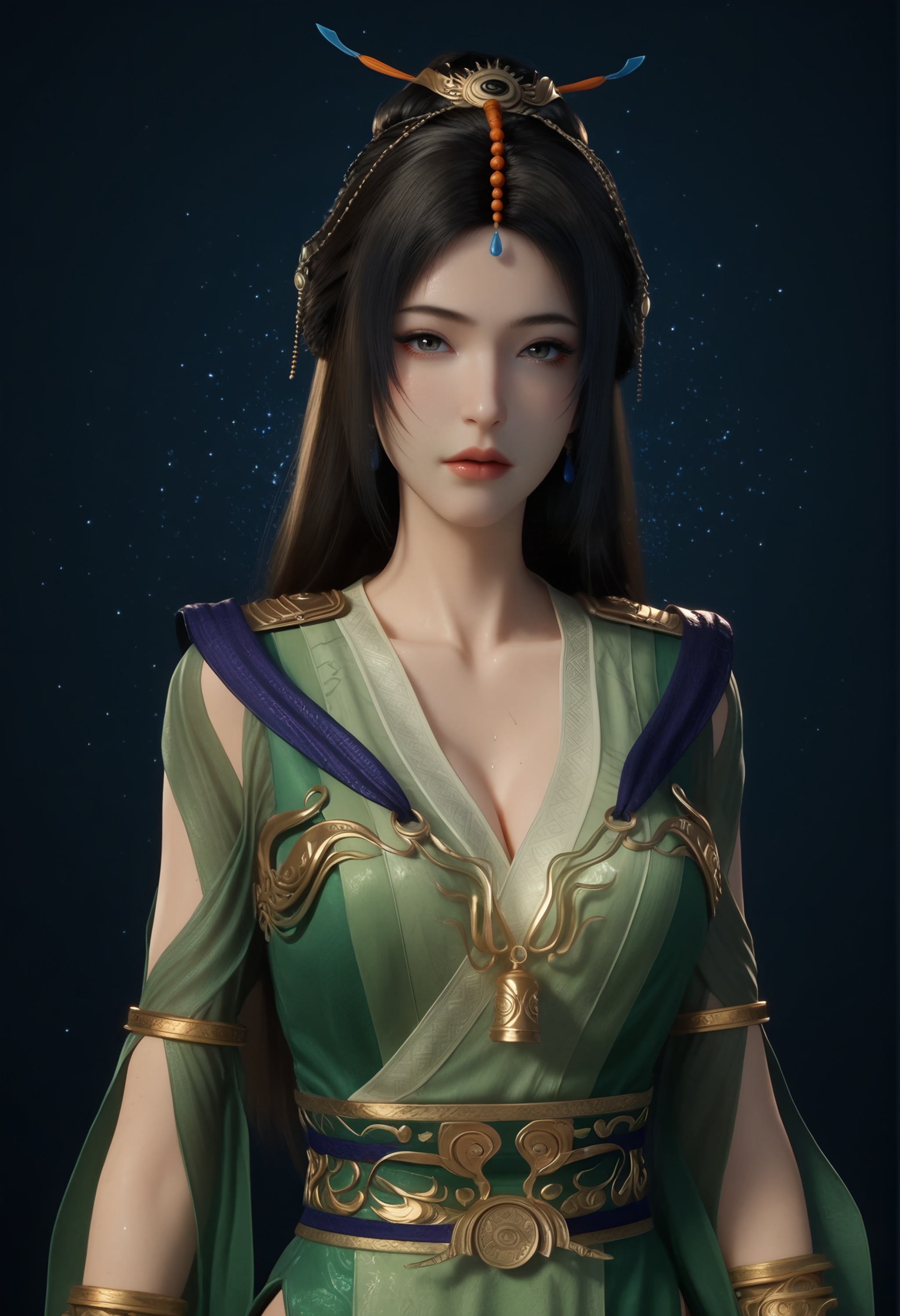 (score_9),upper body,<lora:柳玉-apony:0.83>,liuyu,1girl,solo,long hair,hair ornament,single hair bun,black hair,earrings,traditional dress,green_traditional dress,armlet,jewelry,waistband,chest bell,bracer,gold,see-through sleeves,mature_female,collarbone,pointy breasts,puffy breasts,(large teardrop breasts),teardrop breasts,teardrop breasts,cleavage,BREAK<lora:Expressive_H-000001:0.8>,light blush,Expressiveh,looking at viewer,front view,<lora:皮肤凹痕:1.2>,fair_skin,(pale skin),(sweaty_skin),ultra-detailed skin texture,detailed textures,sweat,sweatdrop,BREAKsimple background,<lora:e色温:-0.25>,sparkle,sparkle background,fluorescence,fluorescent,4K ultra HD,sharp focus,high detail,high contrast,