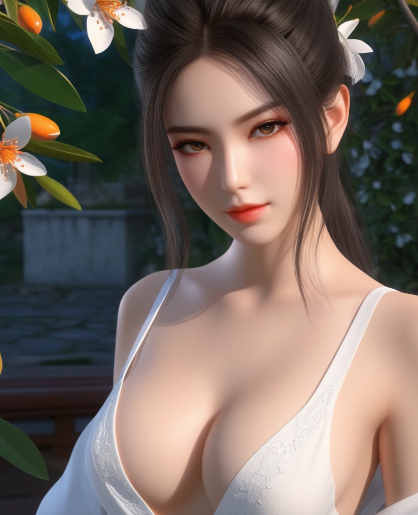 <lora:609-DA-XL-天行九歌-焰灵-水中:0.8>(,1girl, ,best quality, ),looking at viewer,  ,ultra detailed background,ultra detailed background,ultra realistic 8k cg,, ,masterpiece, (( , )),, ,      ,  orange blossoms,  (cleavage), (), ,,