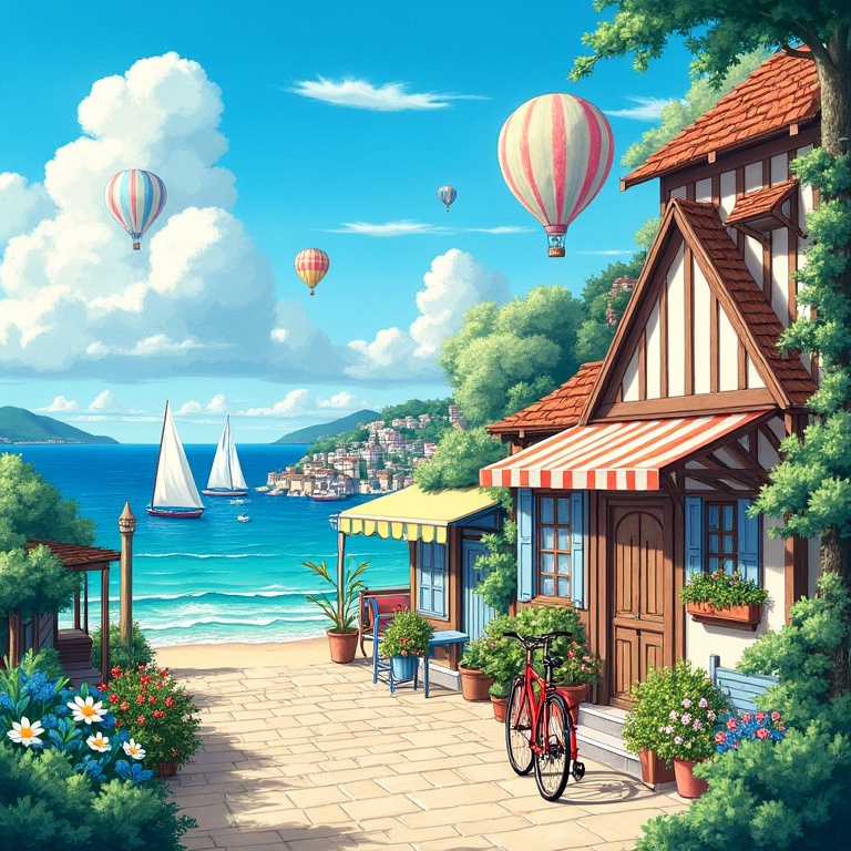 misc,A vibrant, detailed digital painting of a picturesque coastal village with a bright blue sky, fluffy white clouds, and a serene ocean in the background. The village is filled with quaint wooden buildings with colorful striped awnings and potted plants, a bicycle parked on the cobblestone path leading to one of them, and several sailboats in the distance. Two hot air balloons are flying over the village, adding a whimsical touch to the scene. The colors are bright and cheerful, with a mix of blues, greens, and yellows. The atmosphere is peaceful and idyllic, with the sun shining down on the village and the sea. <lora:米洛包装插画-L1.4:1>