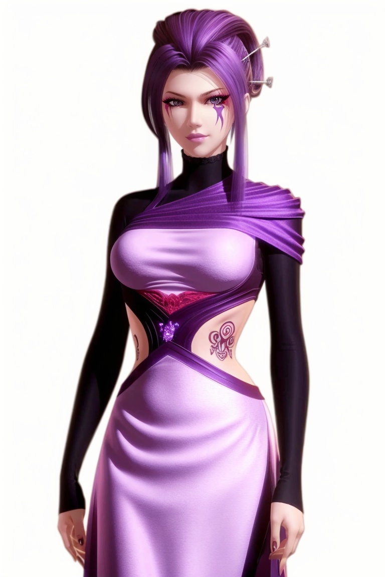 ((HRD, HUD, 8K)),((masterpiece, best quality)), highly detailed, soft light,1girl, solo, purple hair, hair ornament, hair stick, purple eyes, makeup, facial mark, scar, lips, lipstick,breasts, tattoo,dress,simple background, white background, cowboy shot, standing, looking at viewer,<lora:20240501-1714526892402:0.72>