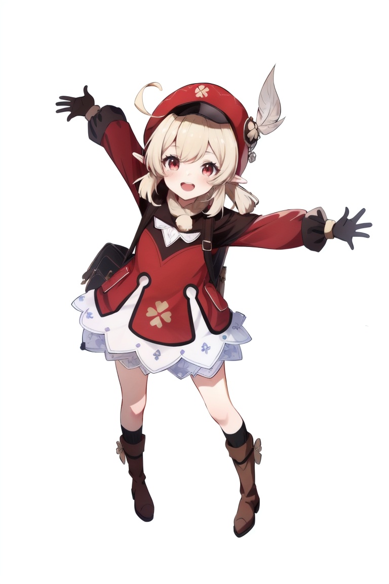 ((HRD, HUD, 8K)),((masterpiece, best quality)), highly detailed,Klee, 1girl, klee (genshin impact), solo, hat, gloves, blonde hair, boots, pointy ears, red headwear, white background, open mouth, bag, smile, red dress, dress, ahoge, twintails, backpack, brown gloves, brown footwear, full body, simple background, looking at viewer, dodoco (genshin impact), hat feather, outstretched arms, long sleeves, bloomers, bangs, feathers, long hair, underwear, red eyes, low twintails, :d, spread arms, socks, cabbie hat,  <lora:20240702-1719916281946:0.7>