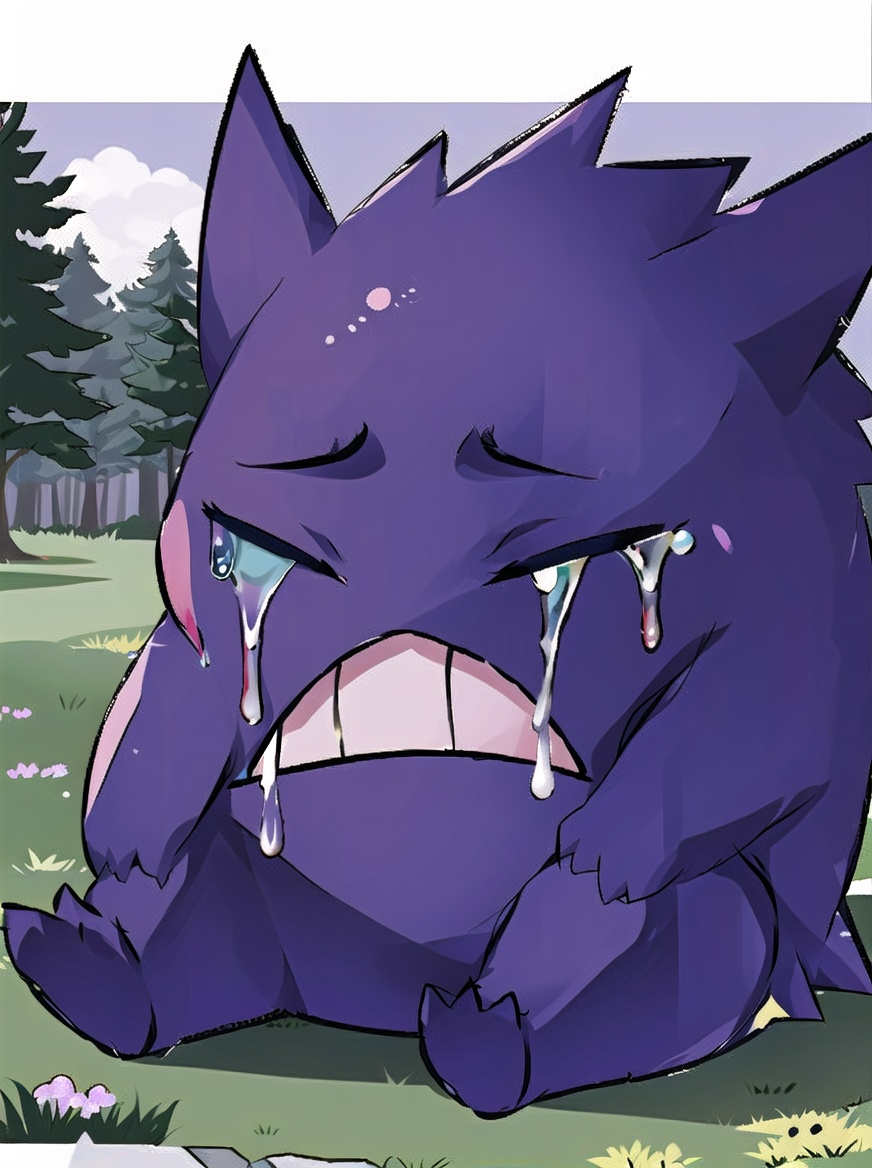 gengar,anime,spiky hair,pointed ears,fat body,three fingers,three toes,purple body,no humans,pokemon (creature),oblique view,purple theme,crying,solo,teeth,tears,full body,closed eyes,wiping tears,clenched teeth,sitting,<lora:pokemon_gengar:0.9>,cute,((outdoors)),((trees)),sky,forest,scenery,