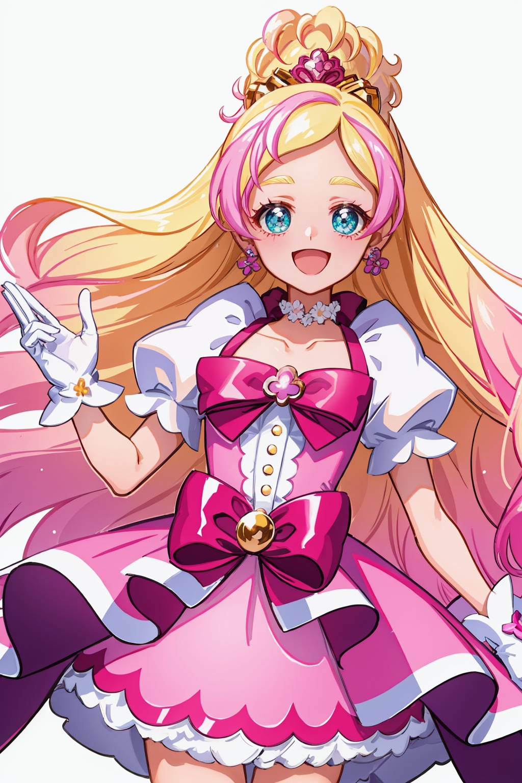 masterpiece,best quality, highly detailed, cure flora,1girl,solo,magical girl,white gloves,waist bow,flower earrings,pink skirt,pink bow,choker,puffy sleeves,looking at viewer,open mouth,:d<lora:cure_flora:1>,simple background,white background