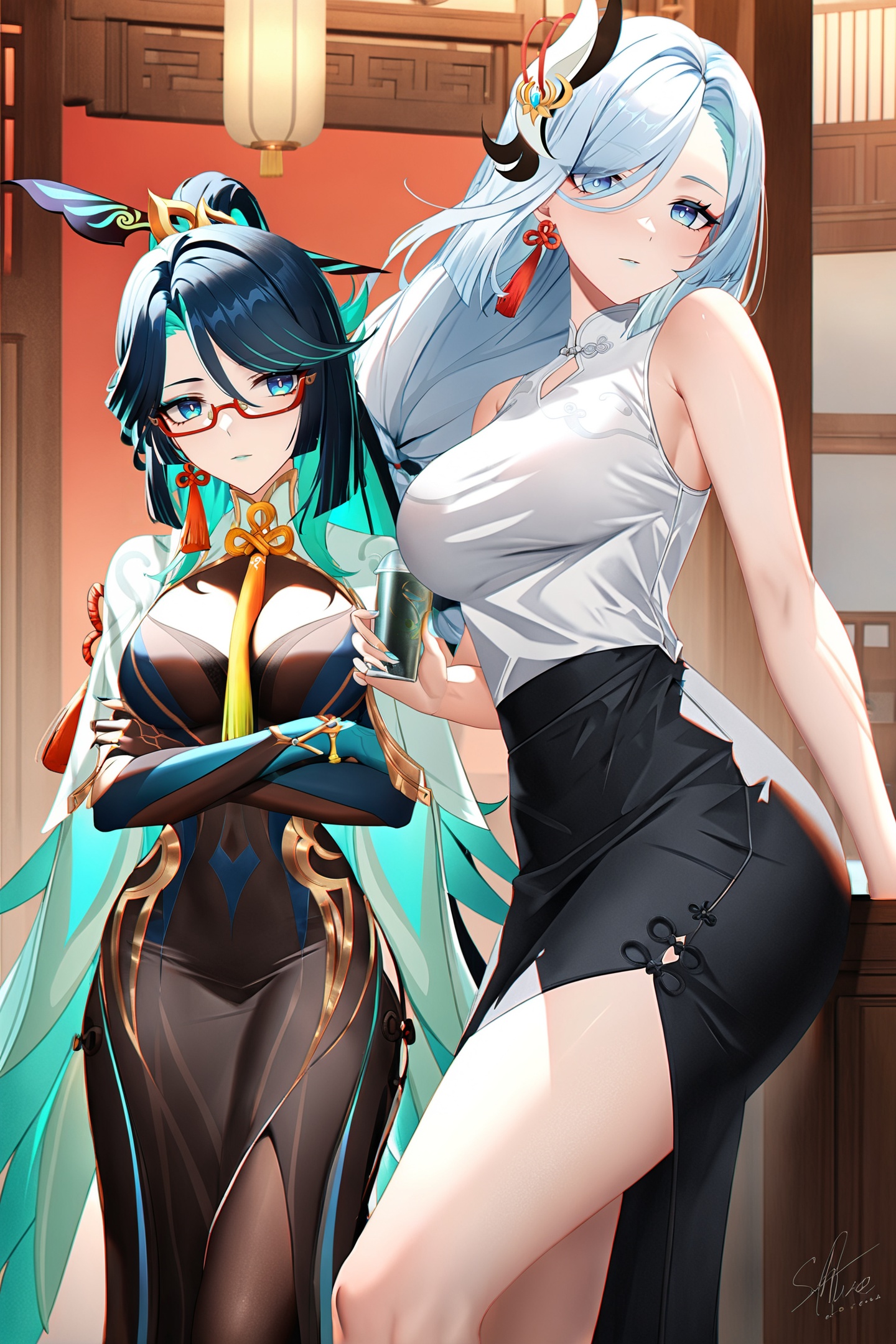 8k, best quality, masterpiece, (ultra-detailed:1.1), (high detailed skin), <lora:ganshenxian-A3-Tanger-000010:0.8>, 2girls, Xianyun \(genshin impact\), Xianyun's def clothes, shenhe \(genshin impact\),shenhe's casual clothes, long hair, skirt, glasses, breasts, blue eyes, 