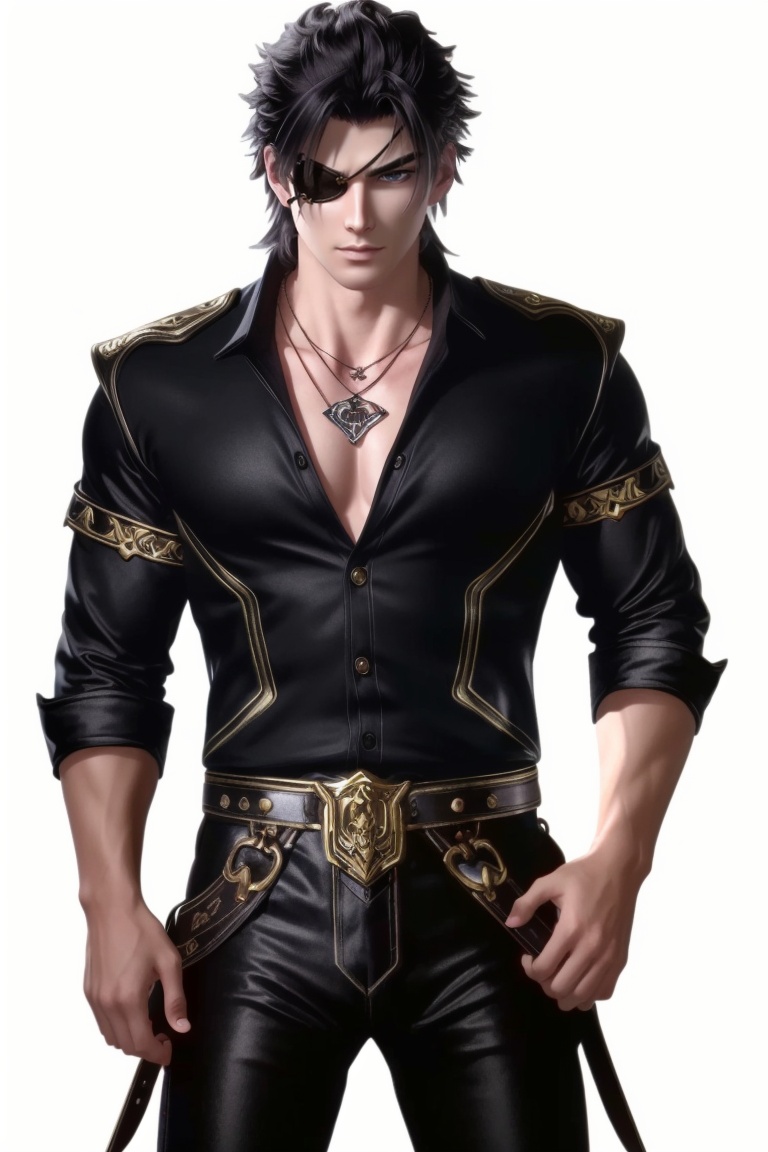 ((HRD, HUD, 8K)),((masterpiece, best quality)), highly detailed, soft light,1boy, solo, black hair, brown eyes, eyepatch, scar, scar on face,necklace, jewelry, muscular, (black shirt:1.2), simple background, white background, cowboy shot, standing, looking at viewer,  <lora:20240325-1711375441925:0.68>