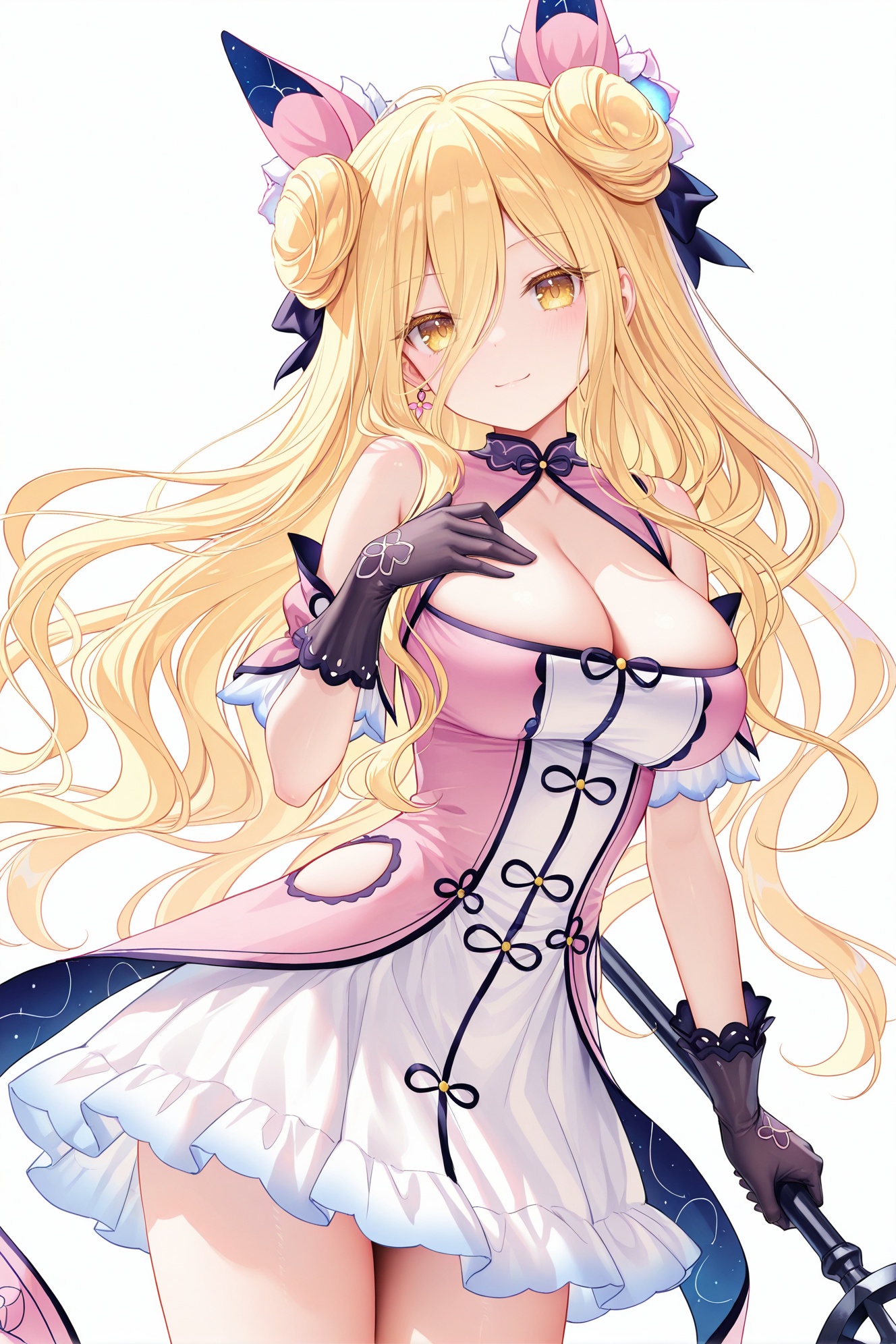 masterpiece, best quality, newest, absurdres, highres,1girl, (solo:1.5),(chen bin: 0.5),(hiten \(hitenkei\):0.4),(rimuu:0.5),(mignon:0.5),(sheya:0.6) mukuro(equip), 1girl, blonde hair, long hair, yellow eyes, messy hair, dress, double bun, gloves, clothing cutout smile,white background,holding weapon,<lora:mukuroXLNAI:1>