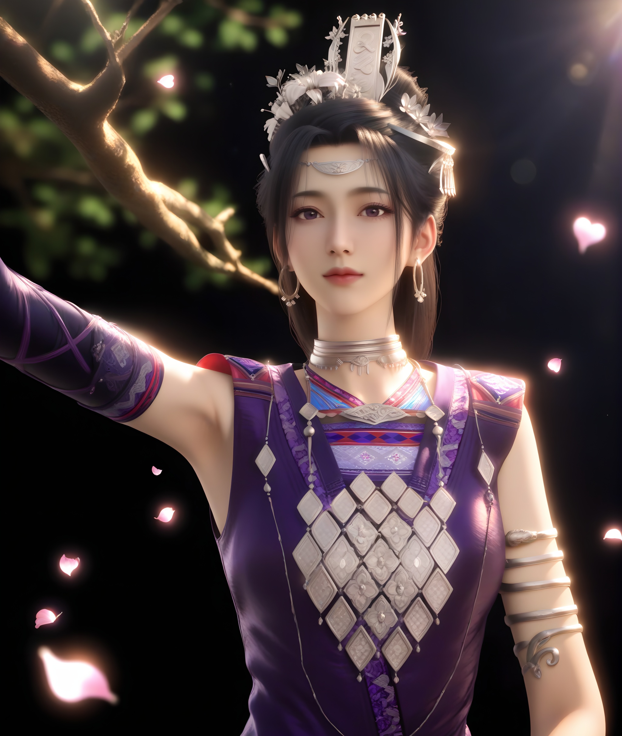 (score_9),(glamor:1.1),narrow waist,<lora:紫萱-pony:0.85>,1girl,solo,long hair,black hair,hair ornament,jewelry,hoop earrings,circle,hair flower,tiara,zixuan,choker,silver choker,necklace,purple dress,elbow gloves,armlet,bracelet,single elbow gloves,collarbone,heart,spoken heart,(cheek_poking),pose,looking at viewer,(front view),cowboy shot,BREAK<lora:皮肤凹痕:1>,(white_skin:1.1),(fair_skin:1.1),realistic,twig,branch,falling petals,simple background,black background,rim light,Volumetric Lighting,lens flare,Tyndall effect,depth of field,bokeh,sparkle,<lora:e色温:-0.6>,<lora:SDS-XL泛光调节器_v1.0:1.2>,