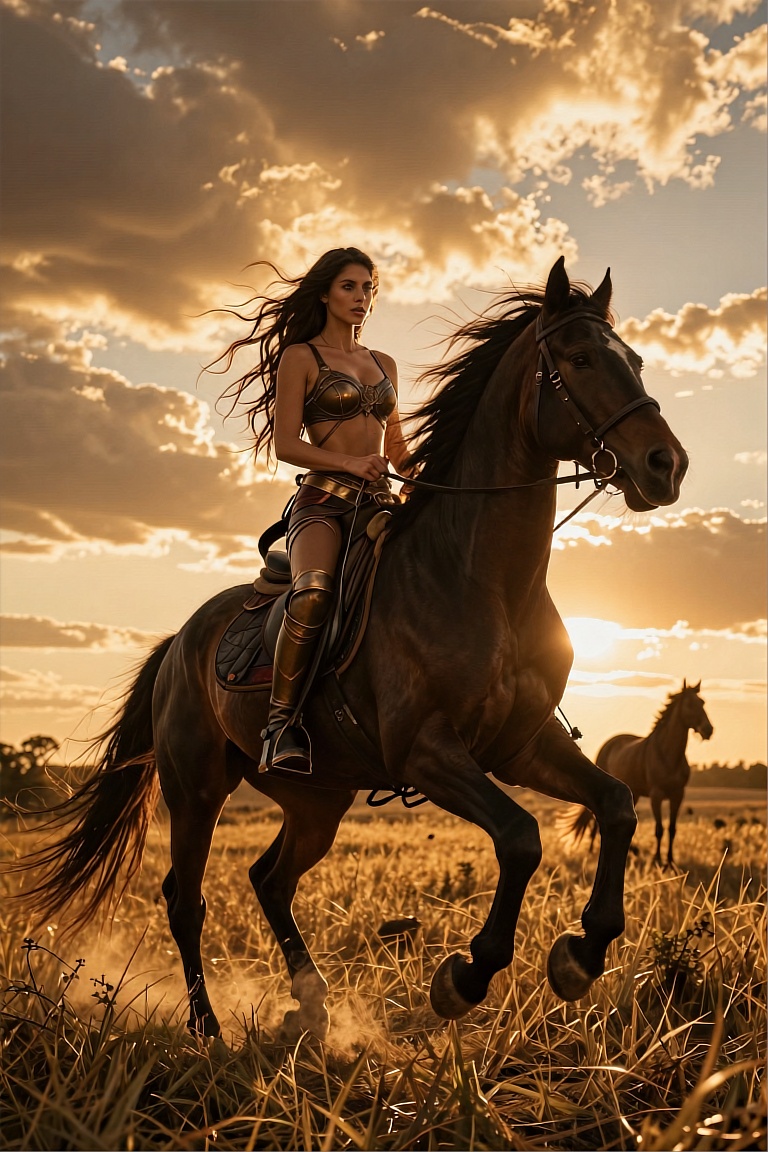 he image portrays a dynamic and evocative scene set during a golden hour with a dramatic sky filled with voluminous clouds...