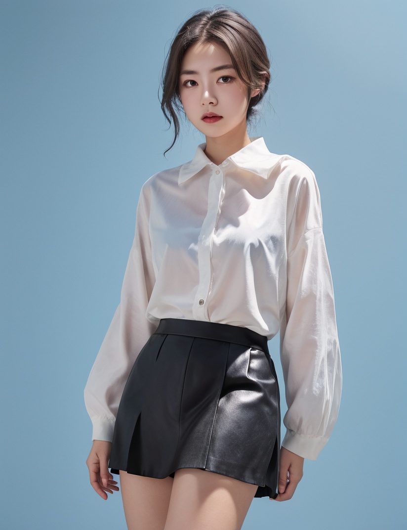 1girl,upper_body,blue solid background,front,front photo,character proportion coordination,black skirt,