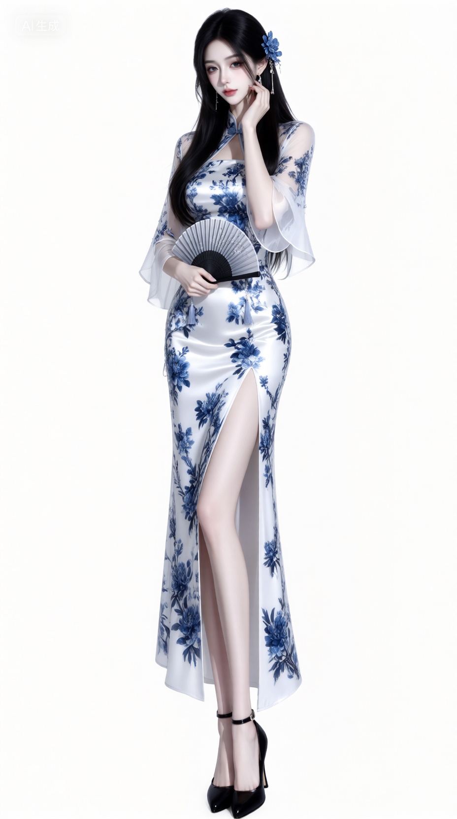 A woman with long black hair stands against a plain white background,  wearing an elegant white satin gown adorned with in...
