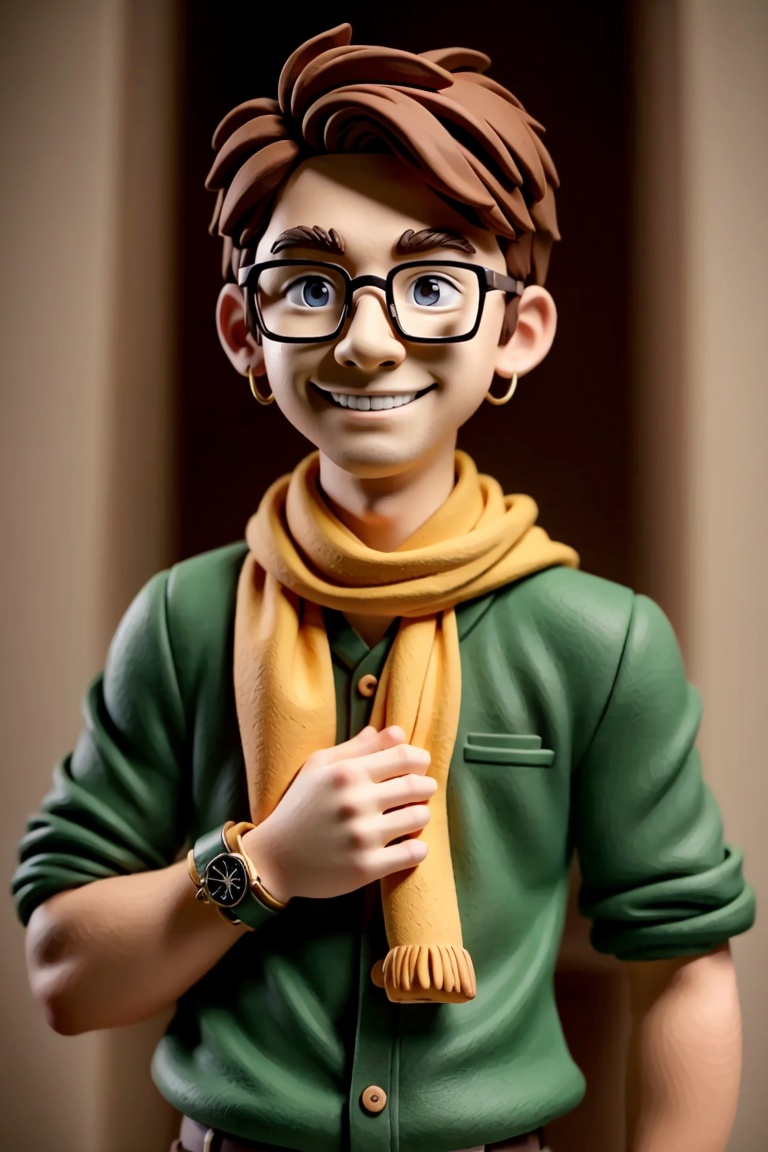 ((HRD, HUD, 8K)),((masterpiece, best quality)), highly detailed, soft light, clay,1boy, male focus, glasses, solo, v, scarf, smile, brown hair, watch, wristwatch, looking at viewer,