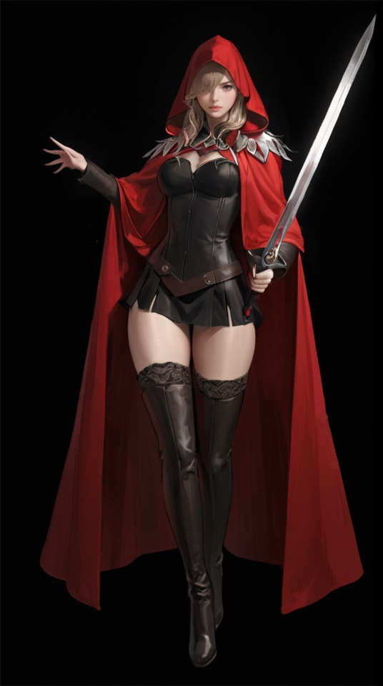 (best quality), ((masterpiece)), (highres), illustration, original, extremely detailed, <lora:ACG ART3_XL:0.7>1girl, solo, weapon, long hair, thighhighs, holding weapon, sword, holding, hood, thigh boots, full body, holding sword, boots, black background, red hood, very long hair, dress, simple background, standing, hand up, cloak, red cloak, looking at viewer, hood up, cape, hair over one eye, closed mouth, black footwear, breasts, hooded cloak, zettai ryouiki