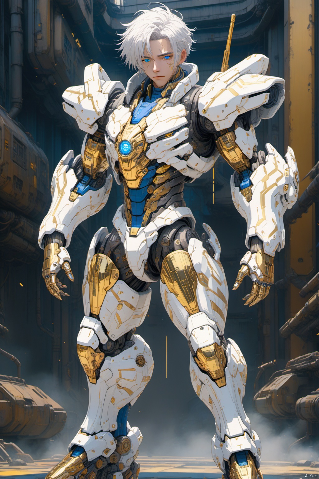 Pretty boy, sunny outgoing, white hair, future battle suit, gold plated, electroplated paint, steel mech, Cyberpunk with sci-fi background, 3D, anime style, blue stripes, full body<lora:EMS-263250-EMS:0.100000>, <lora:EMS-94469-EMS:0.800000>