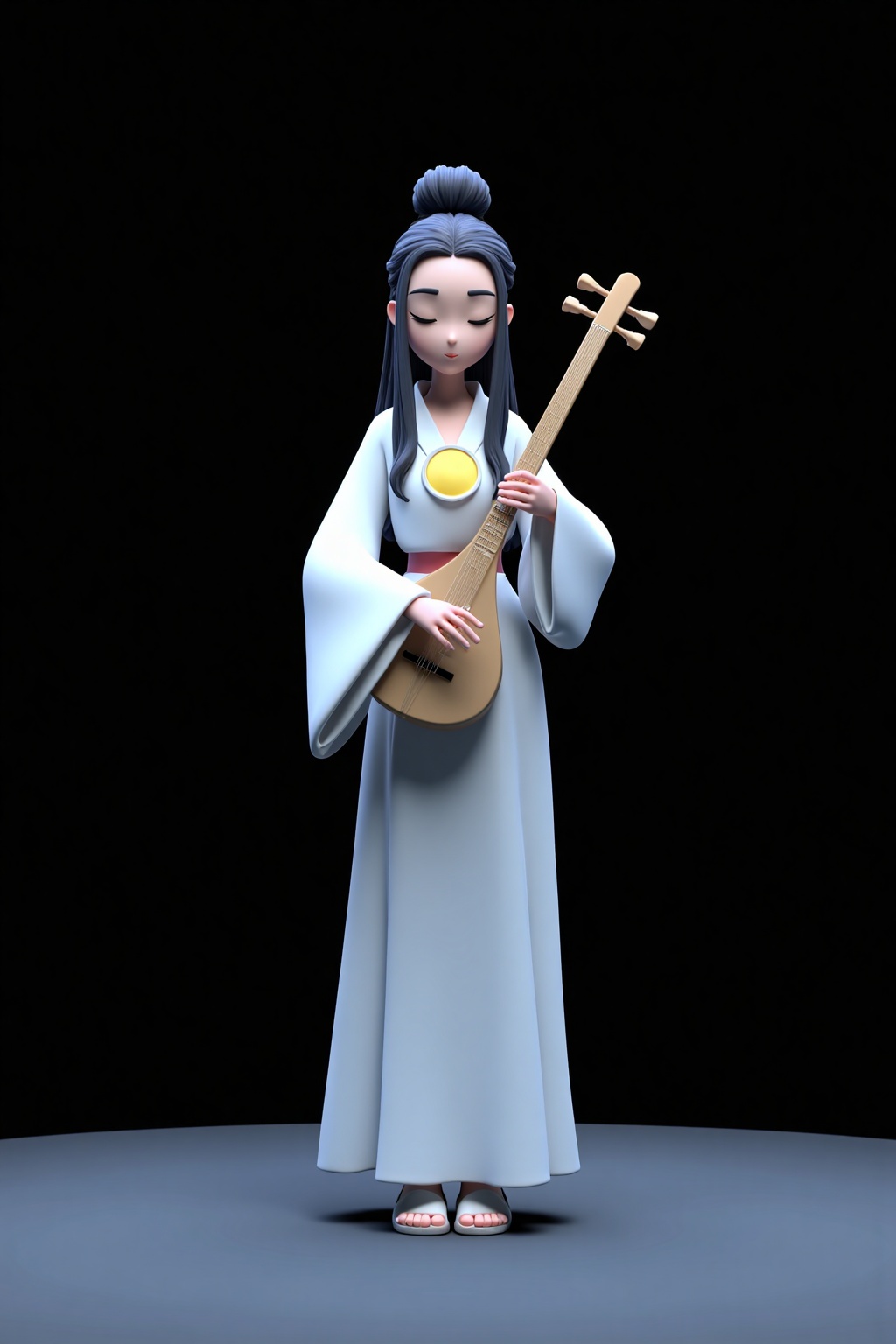 beijihui,a 3D rendering of a woman in a white dress is standing on a gray surface. She is holding a stringed instrument in her right hand. The instrument is adorned with a yellow circle in the center of her chest. The woman's hair is long and cascades over her shoulders. The background is a solid black, creating a stark contrast to the figure. The figure's arms are stretched out in front of her, adding depth to the composition.