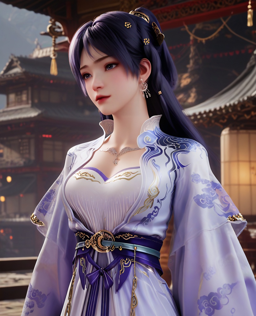 (oriental architecture, elegant decor, sophisticated style:1.1),(head tilt:1.1),(breasts:1.2),<lora:XL16遮天姬紫月宫装:0.95>,miss jiziyue,pastel blue wrap coat,white see-through lining dress,sash,dark purple hair,high tie half ponytail,long hair,hair ornament,earrings,necklace,lips,, score_9,score_8_up,score_7_up,score_6_up,score_5_up,score_4_up,3d rendering,tag1,tag2, Cinematic Lighting,backlighting,