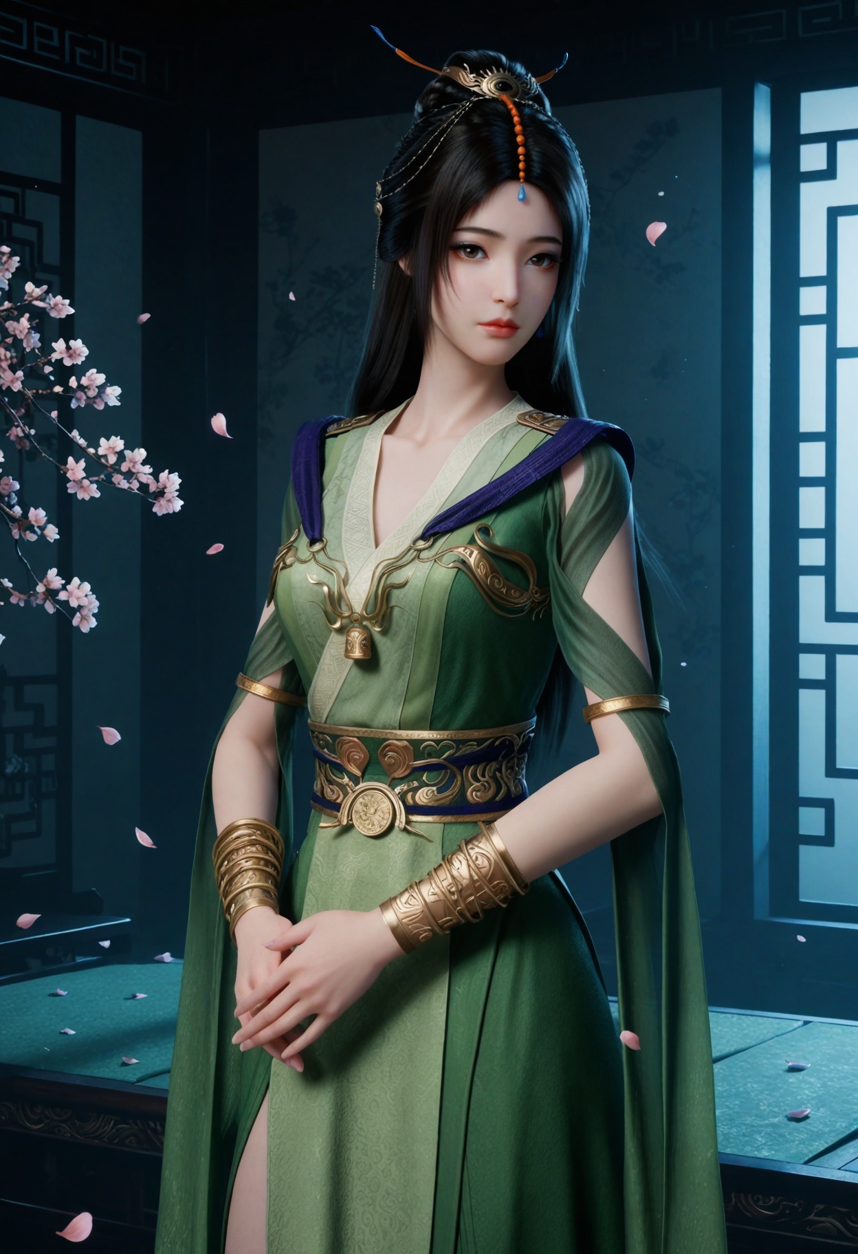 (looking at viewer:1.1),upper body,(Dark room:1.3),(moody lighting:1.1),peach blossom,falling petals,(large breasts:0.8),liuyu,1girl,solo,black hair,hair ornament,long hair,green dress,realistic,dress,chinese clothes,closed mouth,jewelry,bracelet,sash,hair bun,brown eyes,clothing cutout,barefoot BREAK masterpiece,(best quality),(intricate details:0.9),(realistic skin:1.2),<lora:QQSillliuyuV1-000008:0.8>,