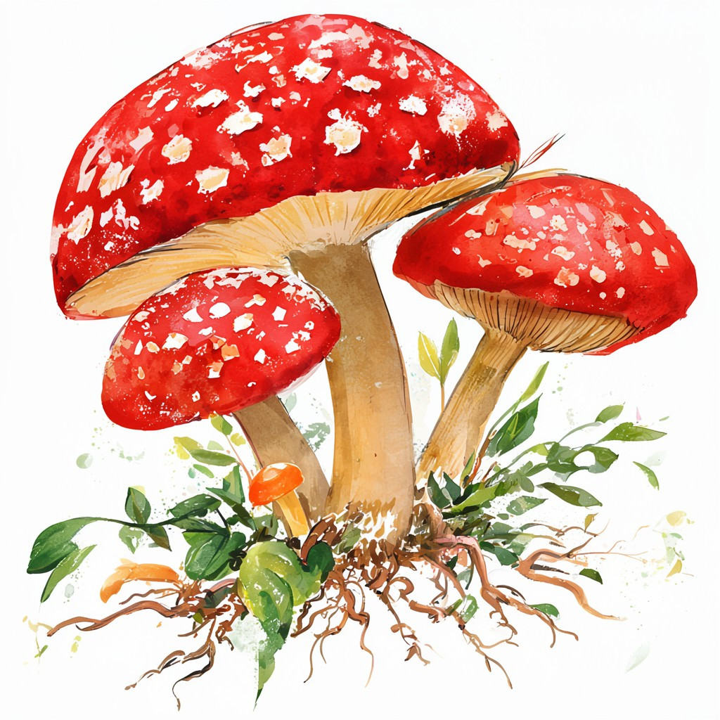 This is a digital watercolor-style illustration depicting three large red-capped mushrooms with white speckled tops. The m...