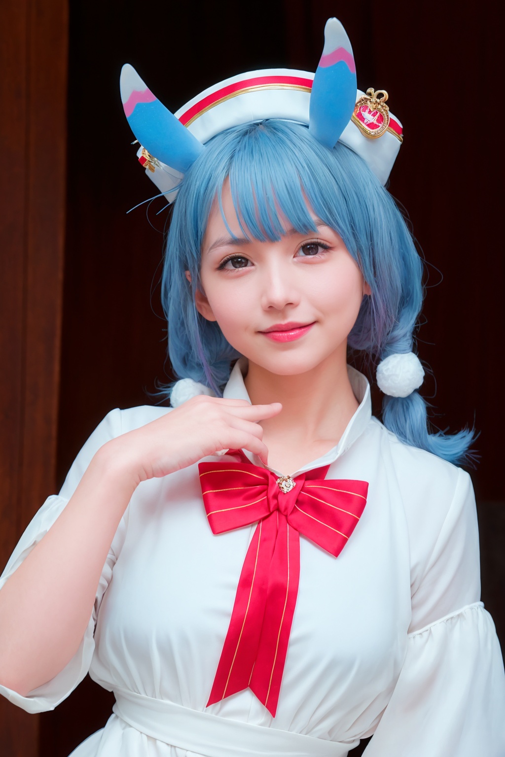 masterpiece, best quality,(photoshop \(medium\):1.4),light smile, <lora:sigewinne-v2:1>,25yo,(mature female:1.4),large breasts,  1girl,animal ears,blue hair,red eyes,white hair,multicolored hair,bangs,hat,low twintails,red eyes,blue dress,upper body,bowtie, 