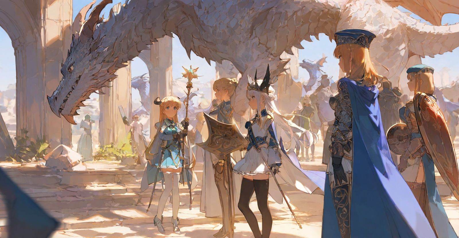 highres,extremely detailed 8k wallpaper,illustration,depth of field,great quality,masterpiece,best quality,amazing quality,very aesthetic,absurdres,Japanese fantasy style,artist:ciloranko BREAK<lora:Japanese fantasy style:0.8>, -multiple girls, thighhighs, long hair, 2girls, blonde hair, standing, dragon, cape, hat, crown, gloves, white hair, holding, dress, horns, skirt, shield