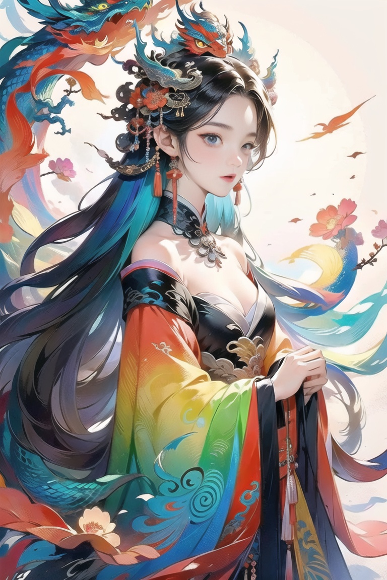 guofeng,Illustrated,black eyes,long hair,multiple colors,high definition,Rich in intricate details,8K,illustration,crazy colors,dragon,off shoulder,1girl,<lora:guofeng极致古风工笔:0.7>,