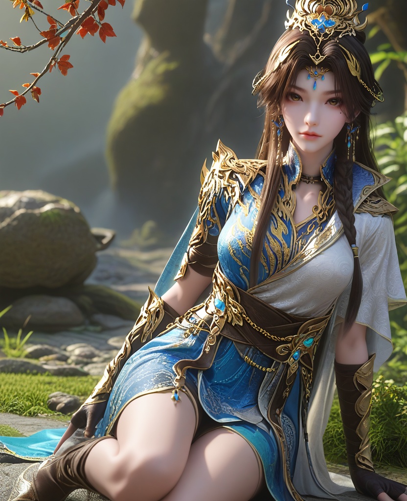 (oriental architecture, elegant decor, sophisticated style:1.1),(Sitting on the edge of a bed, one knee bent while the other hangs freely, hands moving seductively through her hair, she embodies a teasing invitation for intimacy:1.1),(Medium close-up:1.1),(large breasts:1.2),<lora:XL16云深不知梦羲和第20集‌跃灵谷:0.95>,miss xihe,white and blue tiered hanfu,brown eyes,mole under left eye,black hair,very long hair,draped looped buns with front braid,hair ornament,jewelry,vambraces,black fingerless gloves,cape,sash,, score_9,score_8_up,score_7_up,score_6_up,score_5_up,score_4_up,3d rendering,tag1,tag2, Cinematic Lighting,backlighting,