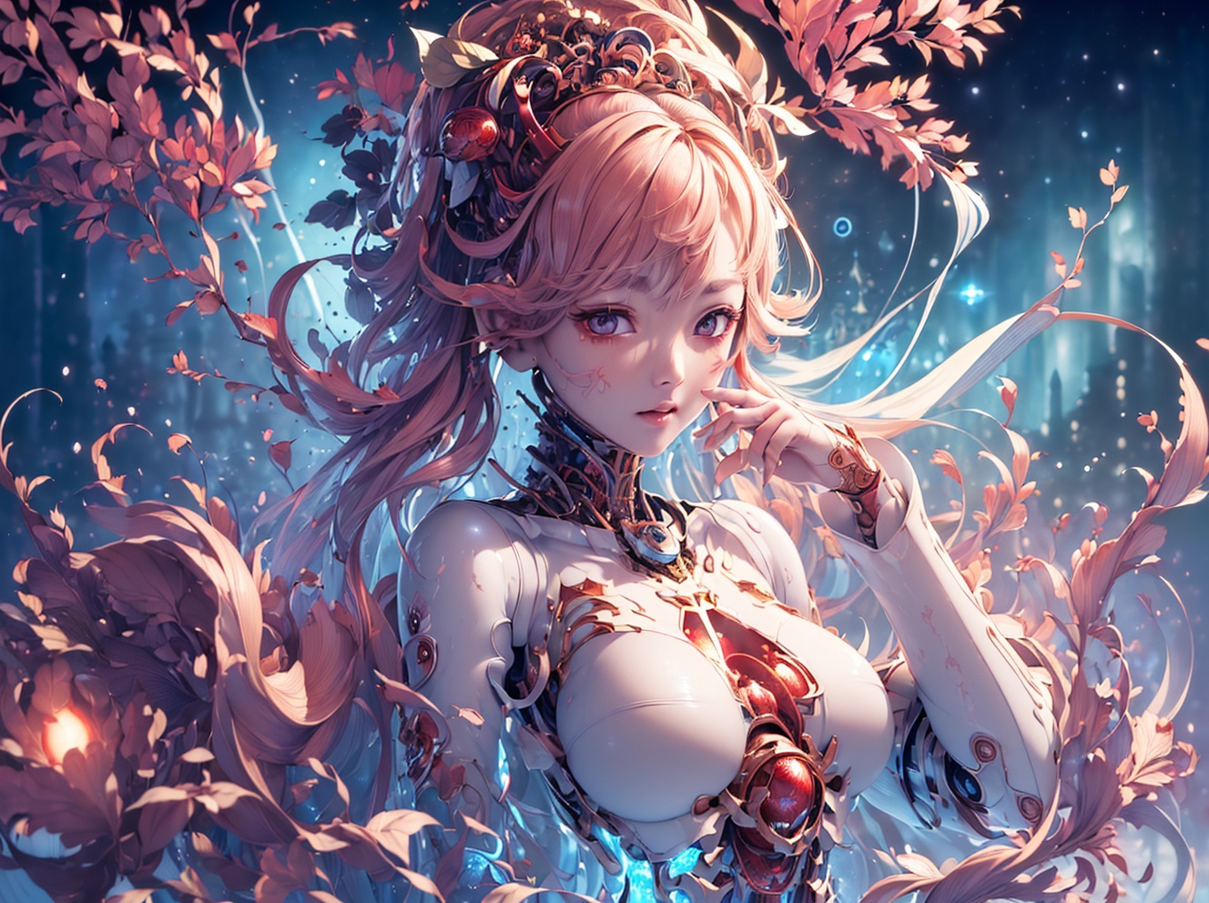 (((masterpiece, best quality, illustration, finely detail))),((extremely detailed cg unity 8k wallpaper, highres)),(beautiful detailed face and eyes and hair:1.1),(an extremely delicate and beautiful girl:1.2),amazing,1 girl,solo,(mecha),(red:1.5),<lora:不是青花瓷第三代-但是机甲:0.5>,(Luminescent particle:1.5),,high saturation,low brightness,