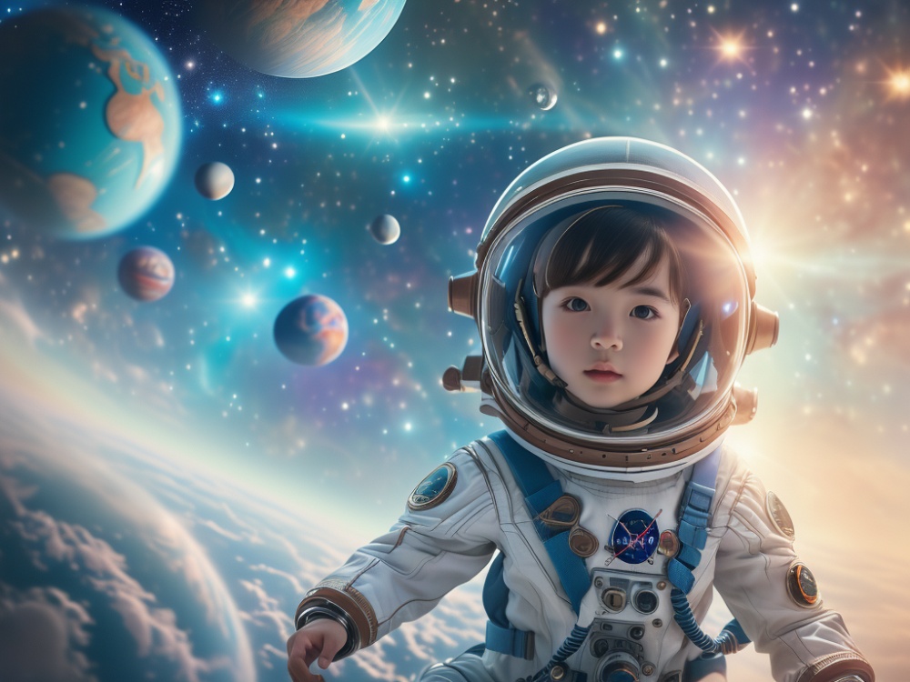 (masterpiece, top quality, best quality, official art, beautiful and aesthetic:1.2),feixing, 1girl, space, space helmet, planet, solo, realistic, spacesuit, earth \(planet\), astronaut, helmet, brown hair, star \(sky\)