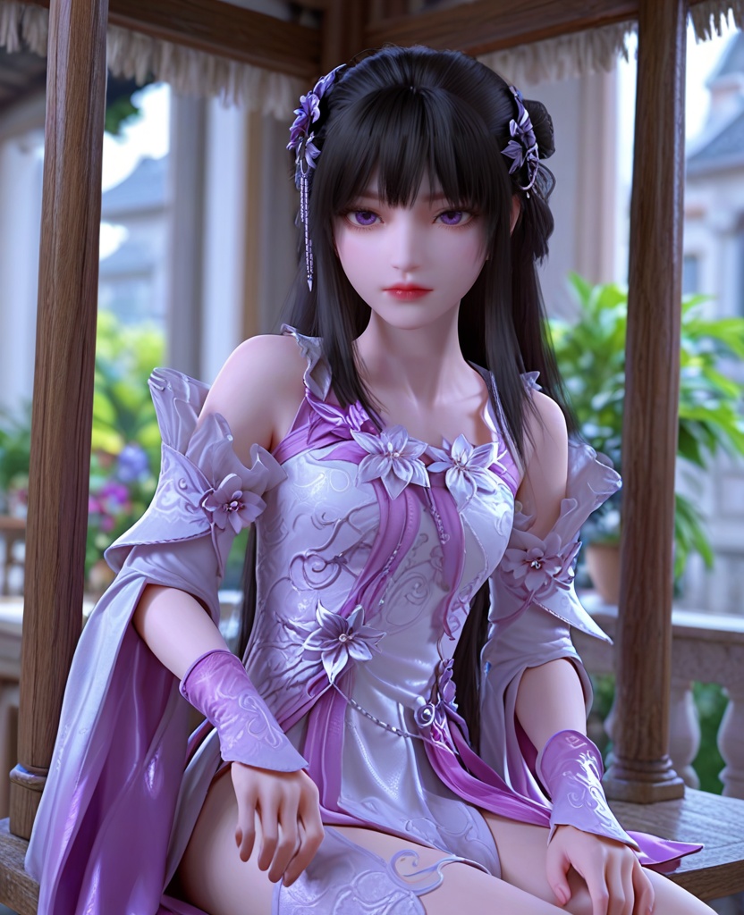 (oriental architecture, elegant decor, sophisticated style:1.1),Sitting on a swing, leaning forward, showing playfulness and joy,,(breasts:1.2),<lora:XL完美世界小月婵:0.9>,1minigirl,solo,dress of pinky white,detached sleeves,purple eyes,bangs,hair ornament,black hair,long hair,flower ornament,wristband,eyelashes,lips,, zPDXL2, score_9, score_8_up, score_7_up BREAK realistic, masterpiece,best quality, highly detailed,, zPDXL3, zPDXL2,zPDXL, zPDXLxxx, zPDXLrl,