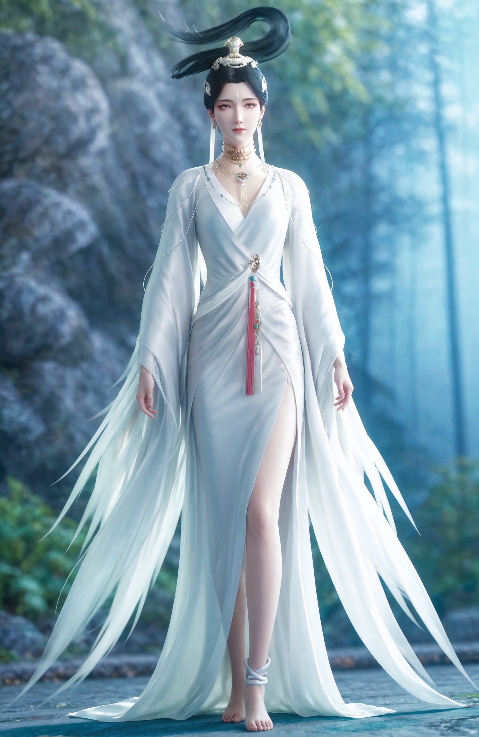 <lora:搜神记-姑射仙子-pony:0.8> 1girl, black hair, long hair, ponytail, hair ornament, jewelry, earrings, necklace, forehead mark, hair bun, chinese clothes, white dress, long sleeves,anklet,barefoot, realistic style photo,outstanding style,adding a touch of dimension to your images without compromising details,whirls of vapor,ethereal ambiance,delicate details,magical atmosphere,concept art,highly detailed,ultra-high resolution,32K UHD,sharp focus,best-quality,masterpiece,golden hour,unconventional supreme masterpiece,masterful details,temperate atmosphere,with a high-end texture,in the style of fashion photography,magazine style,Dynamic Angle,Dynamic posture,(cowboy_shot:1.2),depth of field,lens flare,extreme aesthetic,masterpiece,best quality,good quality,newest,year 2025,very aesthetic,absurdres,Visual impact,A shot with tension,ultra-high resolution,32K UHD,sharp focus,best-quality,masterpiece,Emotionalization,unconventional supreme masterpiece,masterful details,temperate atmosphere,with a high-end texture,in the style of fashion photography,(Visual impact:1.2),giving the poster a dynamic and visually striking appearance,