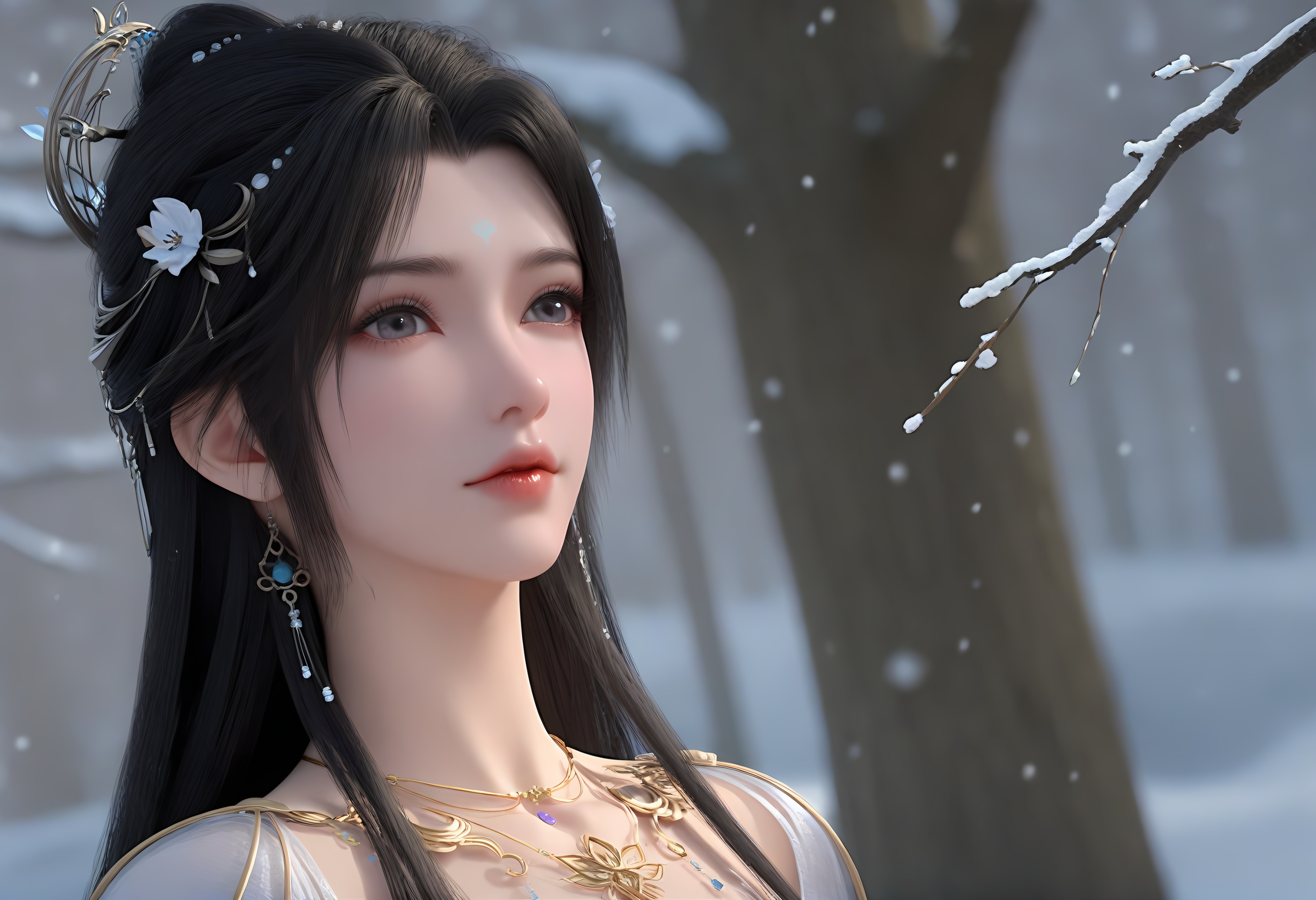 (score_9),portrait,(close-up),solo focus,(eye focus),<lora:清漪-apony:0.83>,qingyi,1girl,solo,forehead mark,black hair,long hair,hair ornament,hair flower,jewelry,earrings,necklace,<lora:Expressive_H-000001:0.8>,front view,looking at viewer,light blush,dutch angle,dynamic_angle,mature female,collarbone,pointy breasts,puffy breasts,((large teardrop breasts)),fair_skin,(pale_skin),(white_skin),light skin,ultra-detailed skin texture,detailed textures,BREAKsimple background,in snow,Tyndall effect,available light,depth of field,tree,snowflakes,branch,twig,4K ultra HD,sharp focus,high detail,natural lighting,high contrast,<lora:e色温:0.3>,