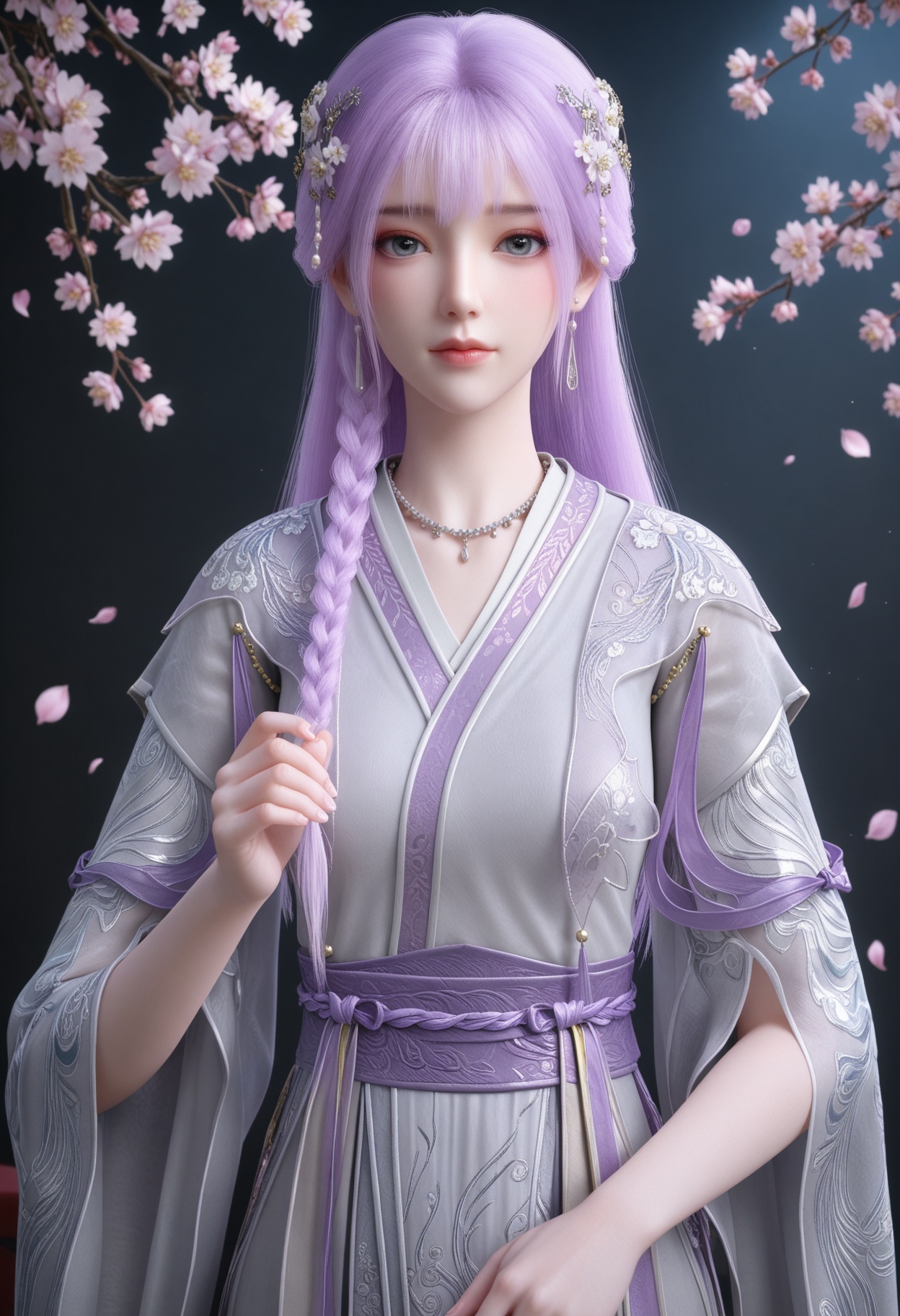 (upper_body:1.2),(looking at viewer:1.1),masterpiece,(best quality),smog,Dark room,dim lighting,peach blossom,falling petals,<lora:YQ_Illustrious光辉v5_天穹_少女_V1:0.8>,q1528437228,1girl,solo,long hair,purple hair,jewelry,hair ornament,earrings,braid,necklace,dress,hair flower,blue eyes,pink hair,chinese clothes,green eyes,side braid,grey eyes,japanese clothes,wide sleeves,long sleeves,sash,robe,