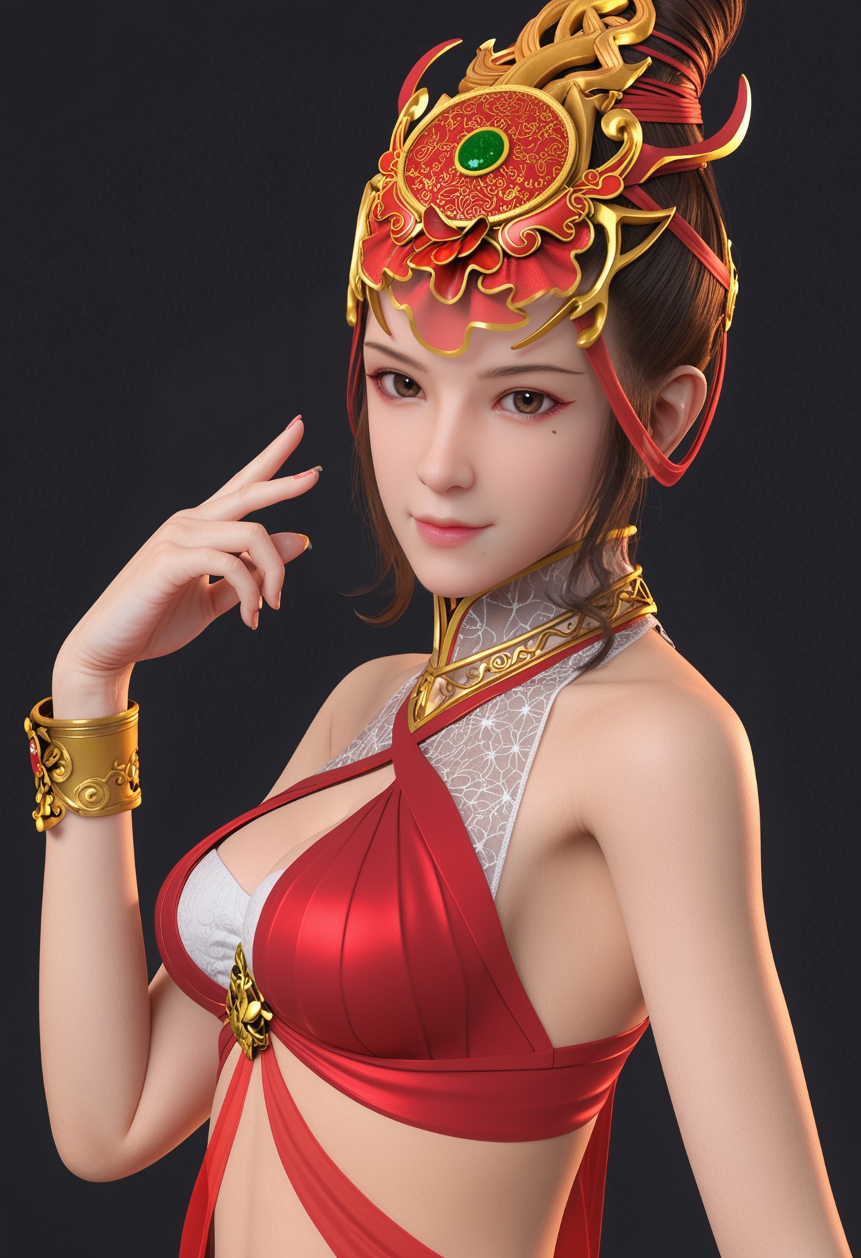 (looking_at_viewer:1.2),cowboy shot,<lora:YQ_pony_tiannvrui_V4:0.8>,1girl,q1528437228,solo,jewelry,hair ornament,black hair,red dress,bracelet,brown hair,smile,brown eyes,(mole under eye:0.8),hair bun,gem,long hair,short hair,black eyes,necklace,simple background,pure black background,black background,
