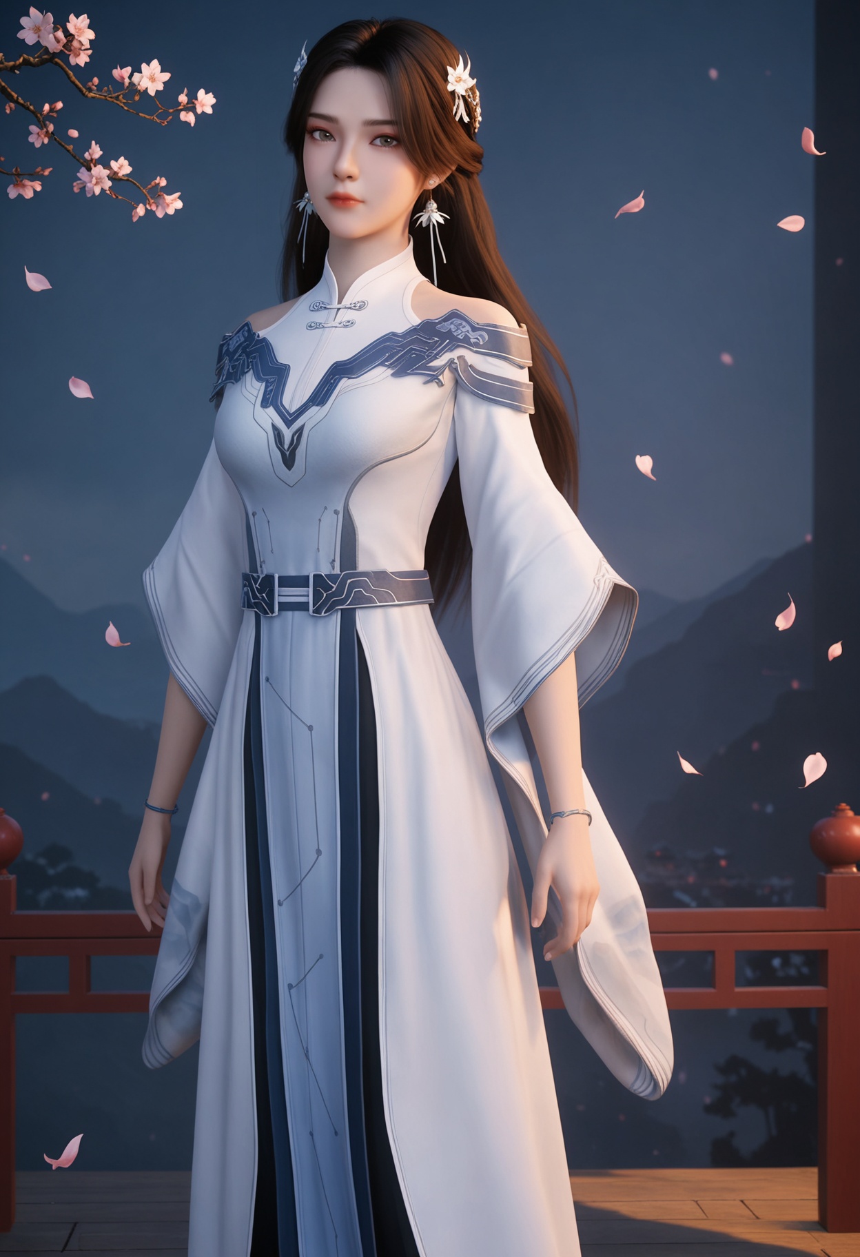 (cowboy shot:1.2),(looking at viewer:1.1),masterpiece,(best quality),smog,Dark room,dim lighting,peach blossom,falling petals,<lora:YQ_Illustrious光辉v5_李小曼_V1:0.8>,q1528437228,1girl,solo,jewelry,dress,long hair,hair ornament,earrings,white dress,black hair,bracelet,brown hair,chinese clothes,white footwear,long sleeves,brown eyes,boots,blue eyes,wide sleeves,blue dress,grey footwear,hair flower,shoes,