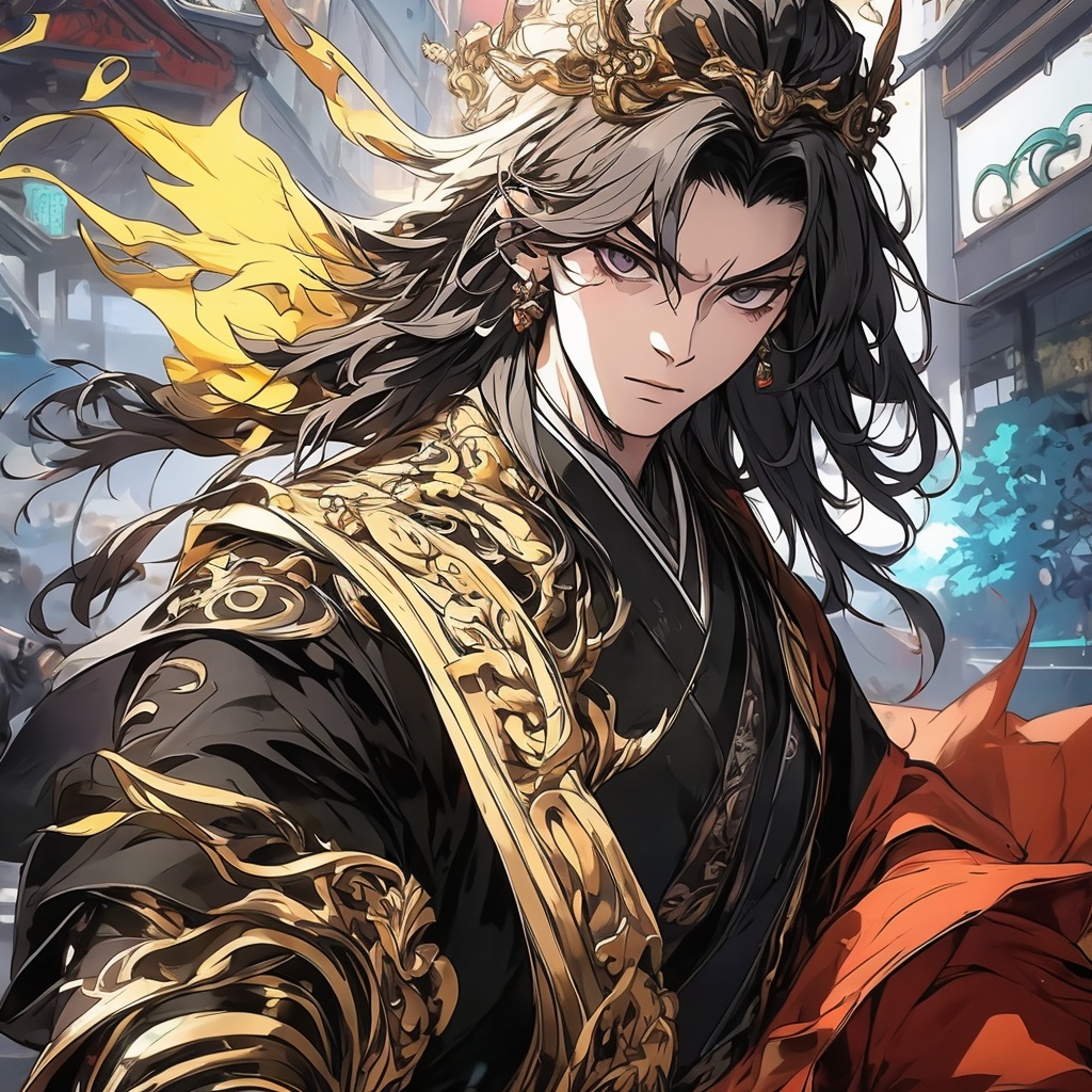 (Xianxia style:1.1), (masterpiece:1.3),best quality,8k,Anime style, highest resolution, highest quality, 32k,a middle-aged man, wearing a black robe, Wearing a black gem crown, a serious face, (Upper body: 1.4), bright-eyed, Tang Dynasty style,  Mysterious and Immortal Cultivation Style, (Solo: 1.6), Sighing, in the middle of the square, serious<lora:Niji XL 动漫模型新境界_v1.0:0.7> <lora:SDXL Detail 细节调节器_v1.0:0.7> <lora:总监风格:0.7> <lora:特效-白皮书_风火雷电:0.7>